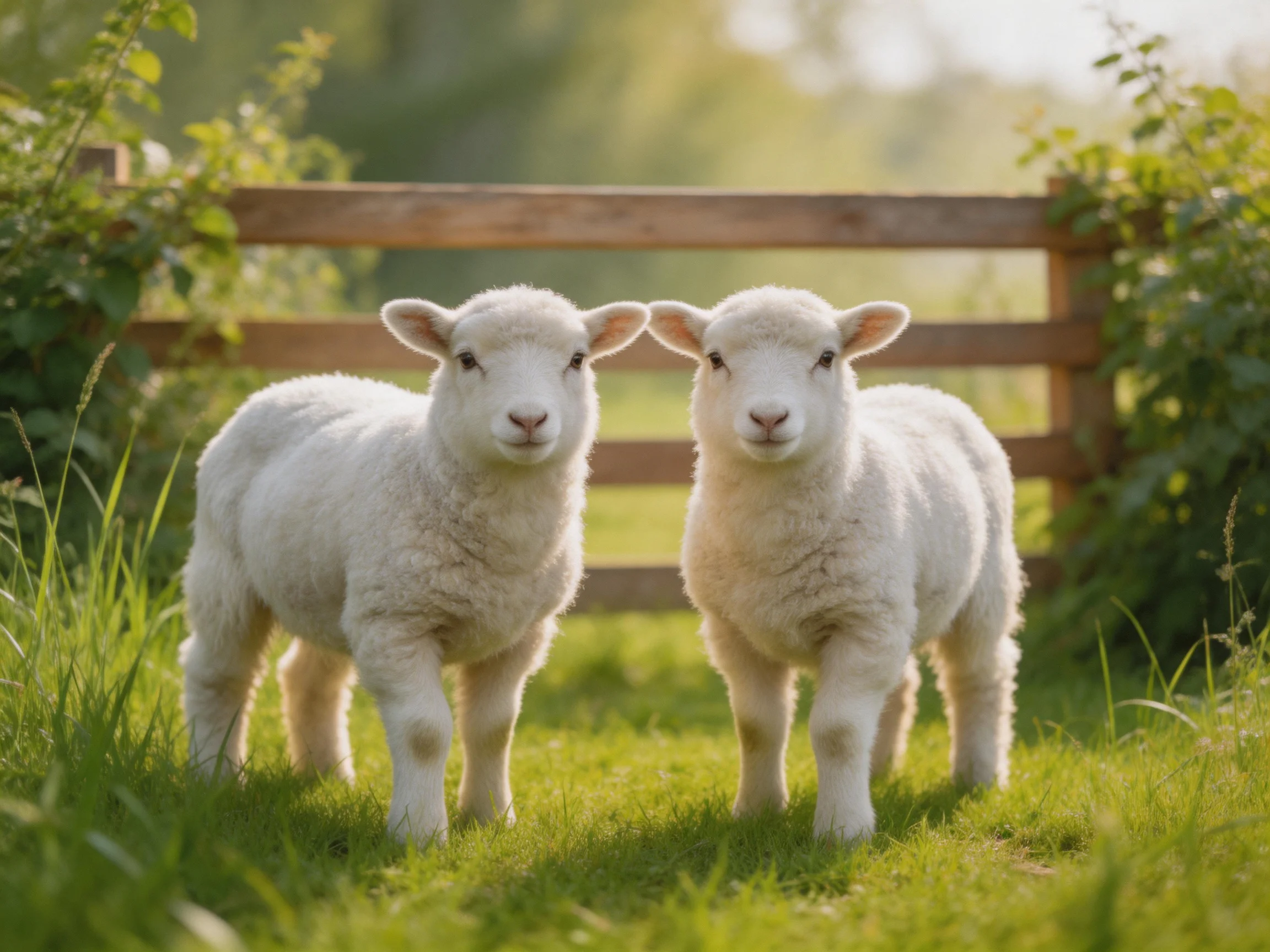 Two fluffy white lambs stand in a sunlit green meadow near a wooden fence