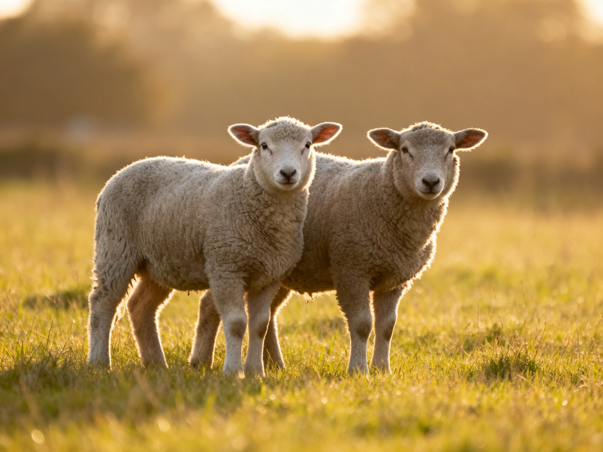Two fluffy white lambs stand in a sunlit green pasture
