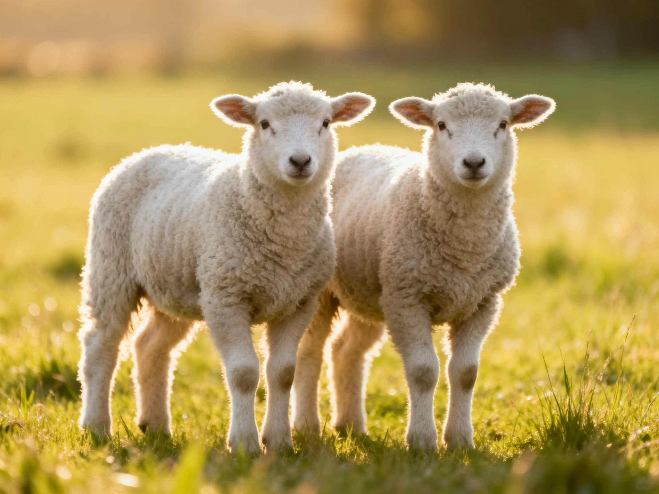 Two fluffy white lambs stand in a sunlit green pasture