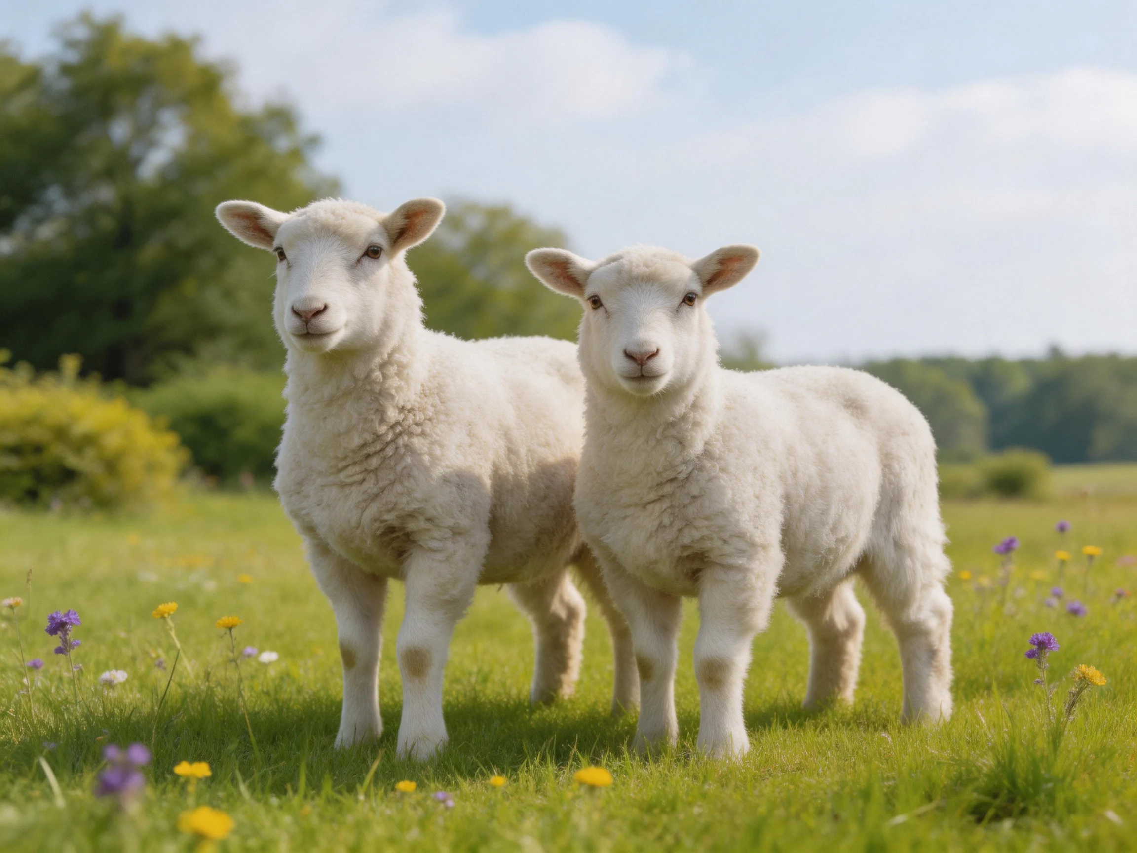 Two fluffy white lambs stand in a vibrant green meadow