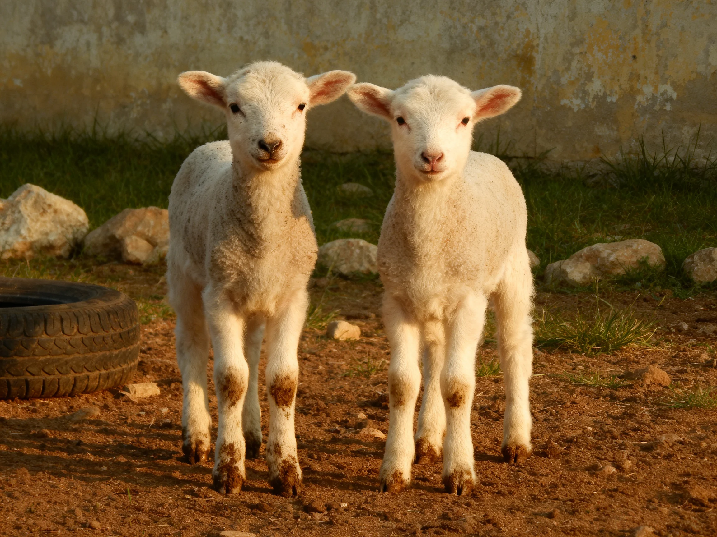 Two fluffy white lambs stand near a tire and rocks by a weathered wall