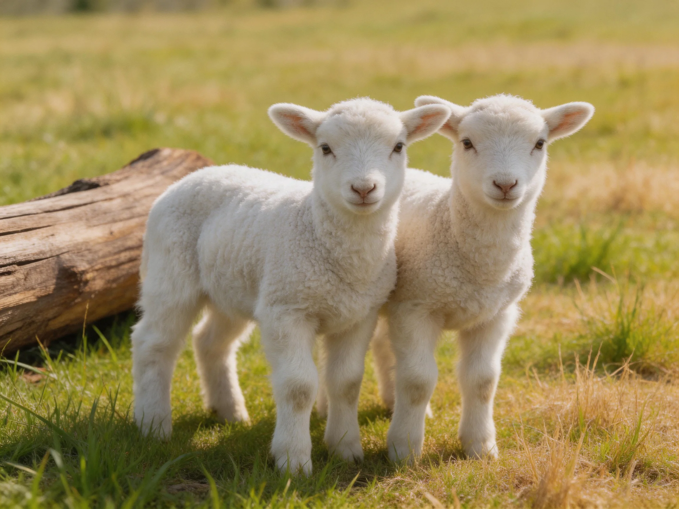 Two fluffy white lambs stand near a wooden log in a grassy meadow