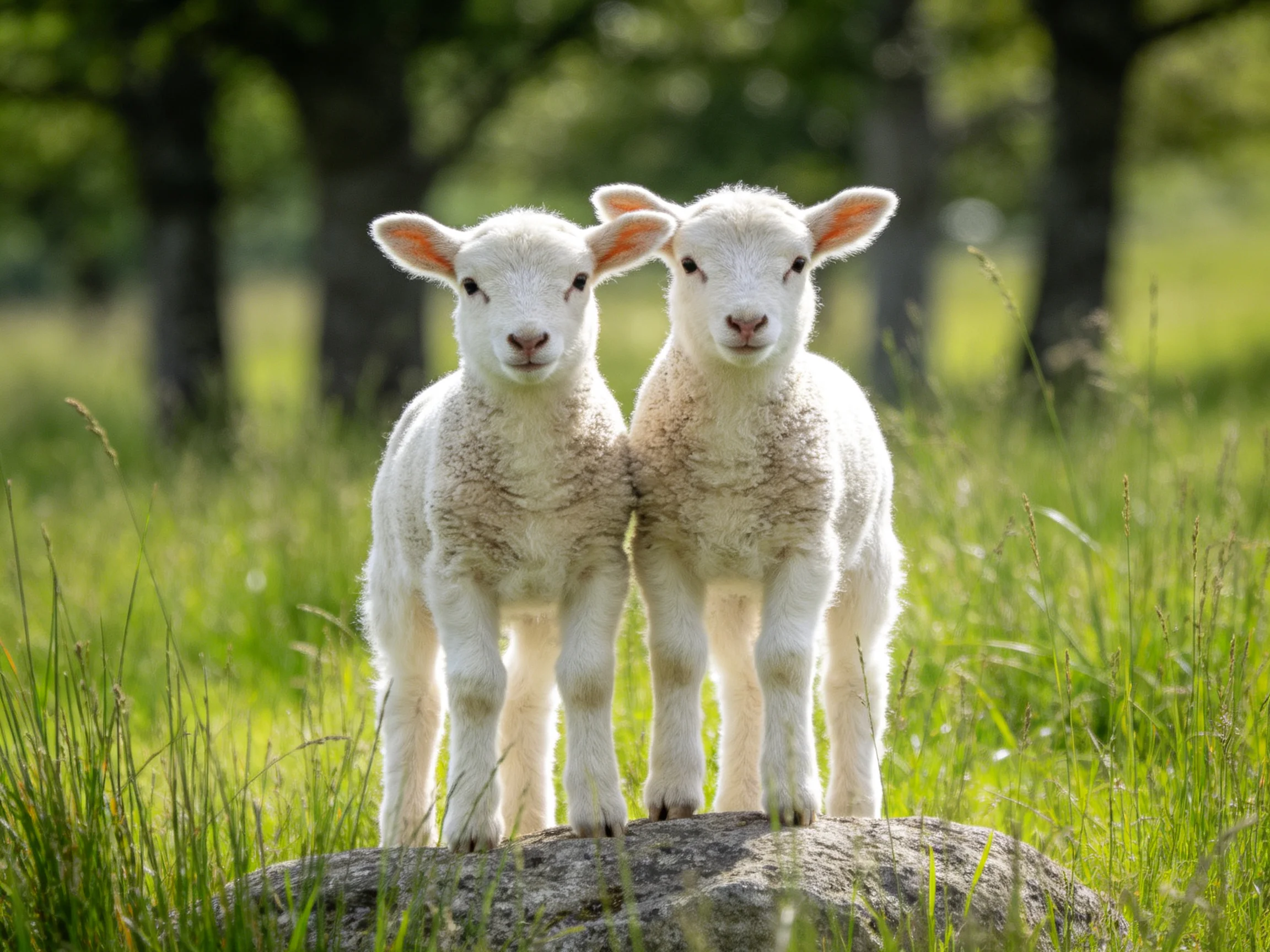 Two fluffy white lambs stand on a rock in a green meadow