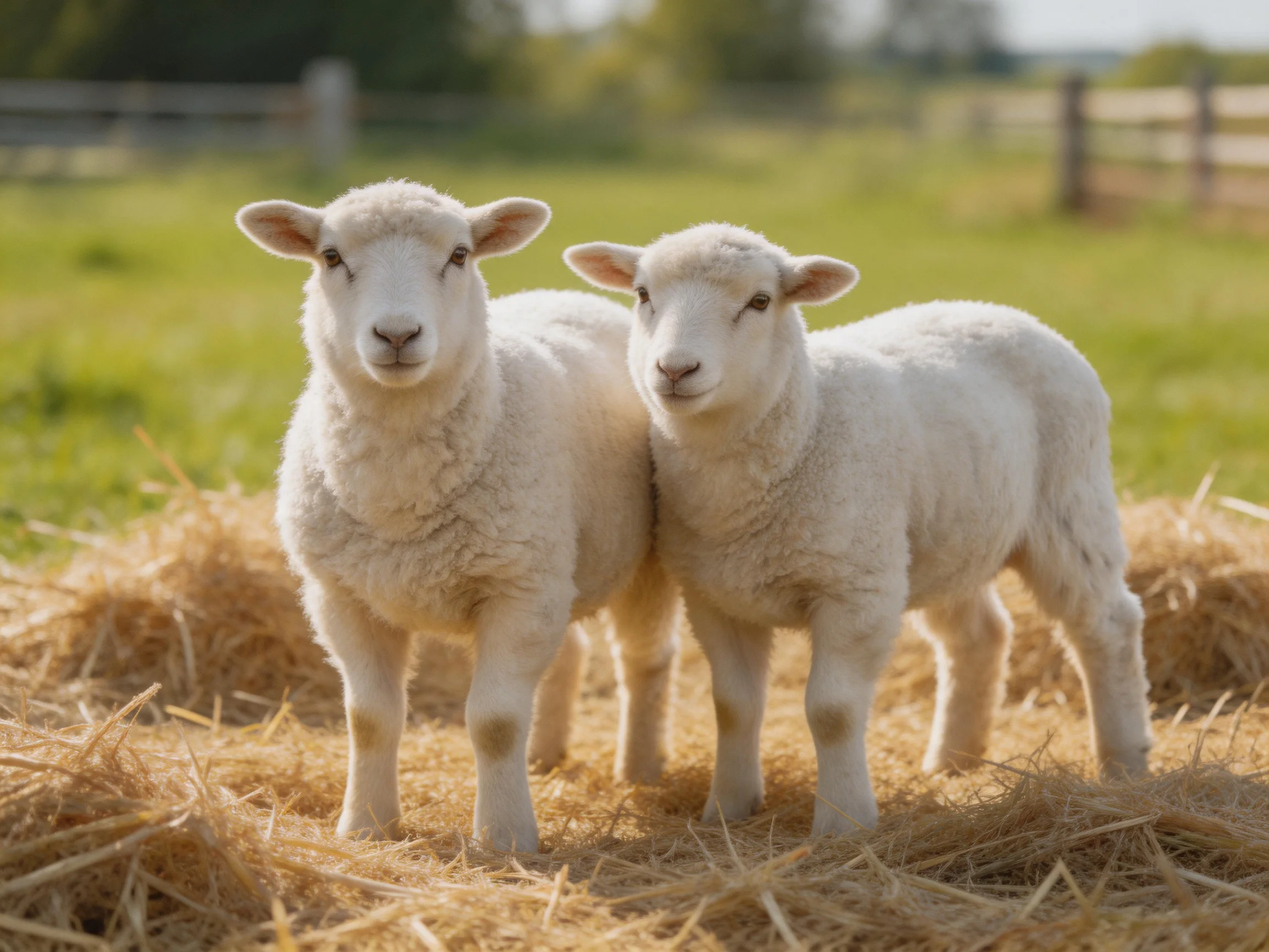 Two fluffy white lambs stand on golden hay in a sunny pasture