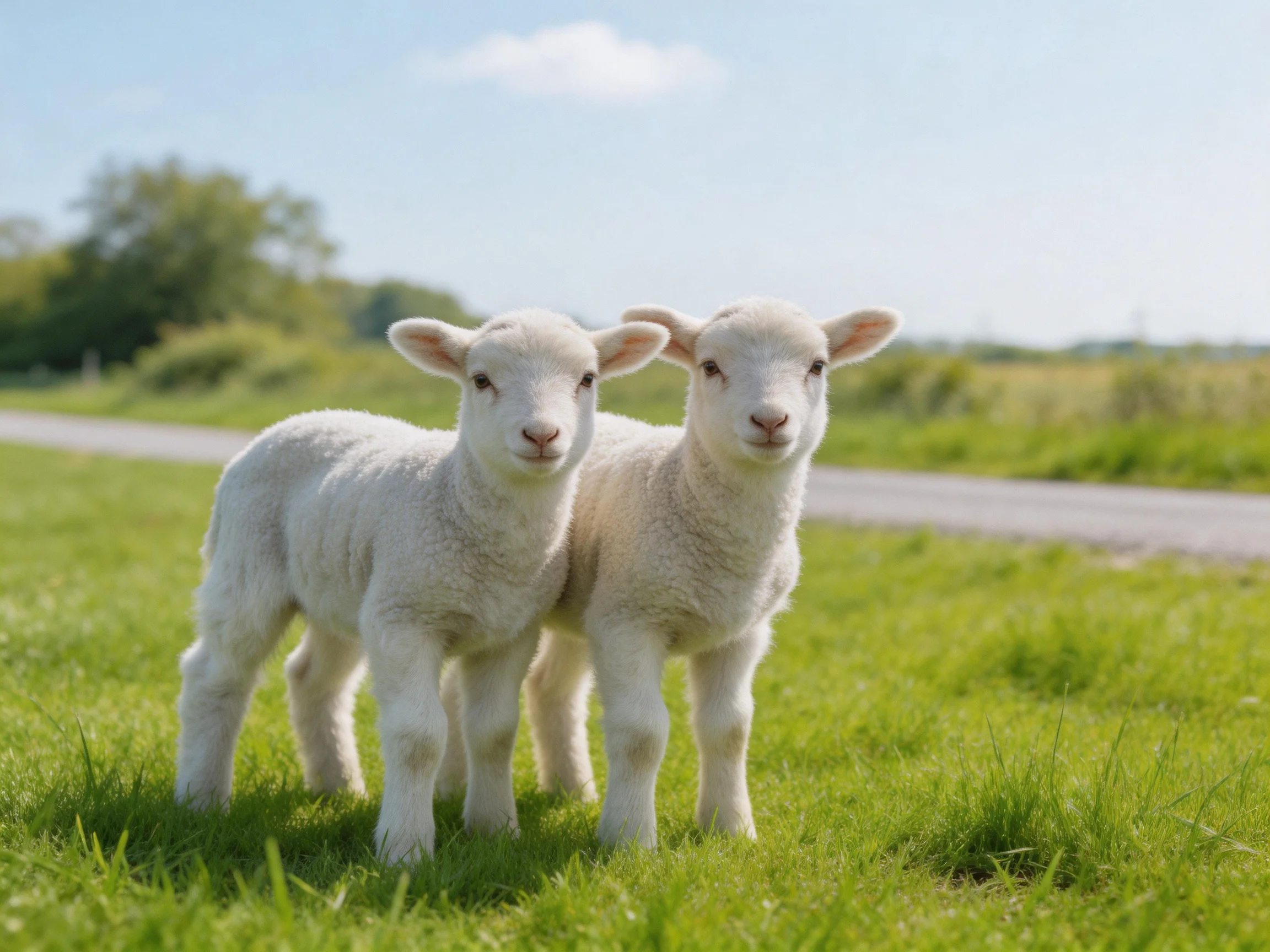 Two lambs stand together on a grassy area beside a rural road
