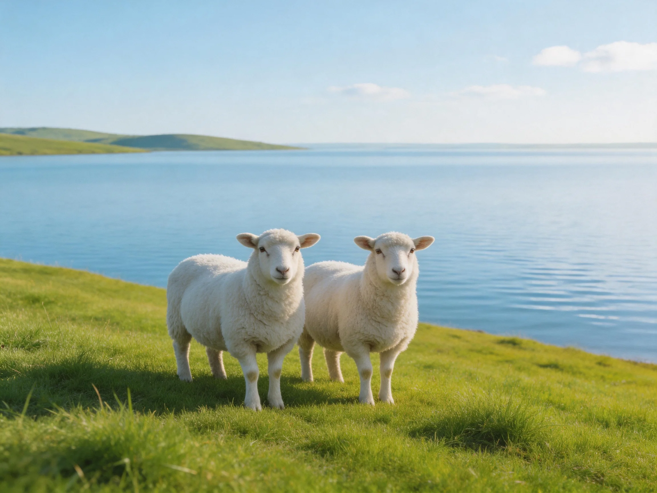 Two fluffy white lambs stand on lush green grass near calm blue waters