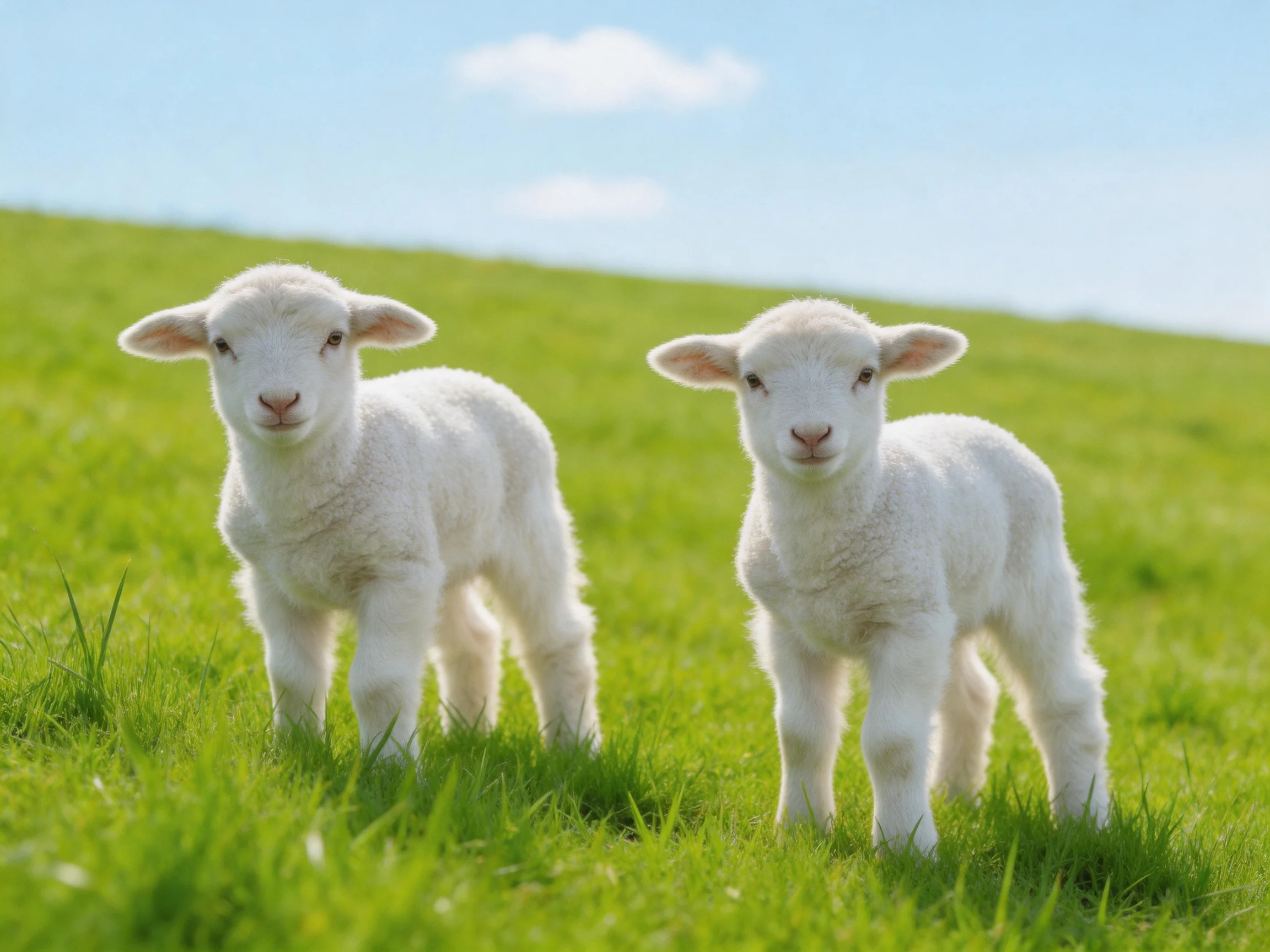Two young sheep with white wool are in a green pasture.