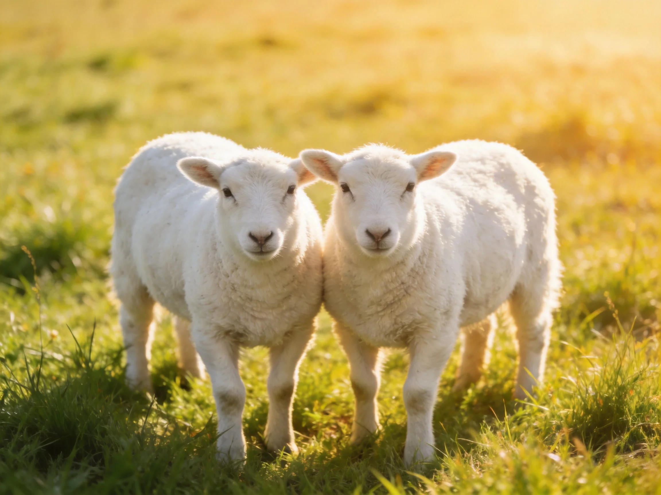 Two fluffy white lambs stand side by side in a sunlit green meadow