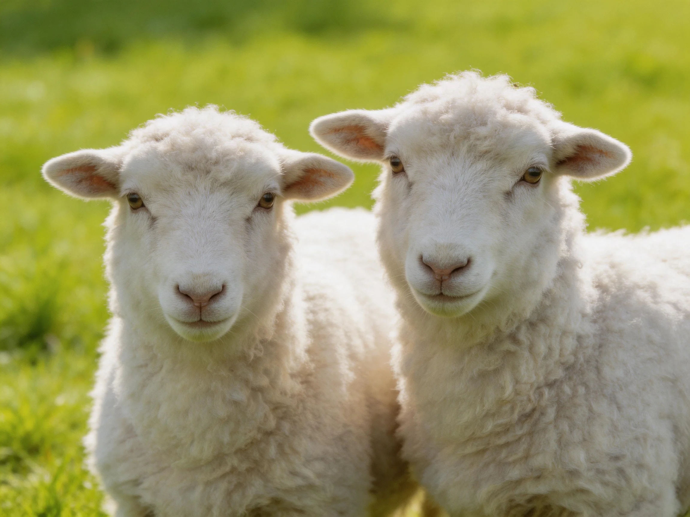 Two fluffy white lambs standing close together in a bright green field