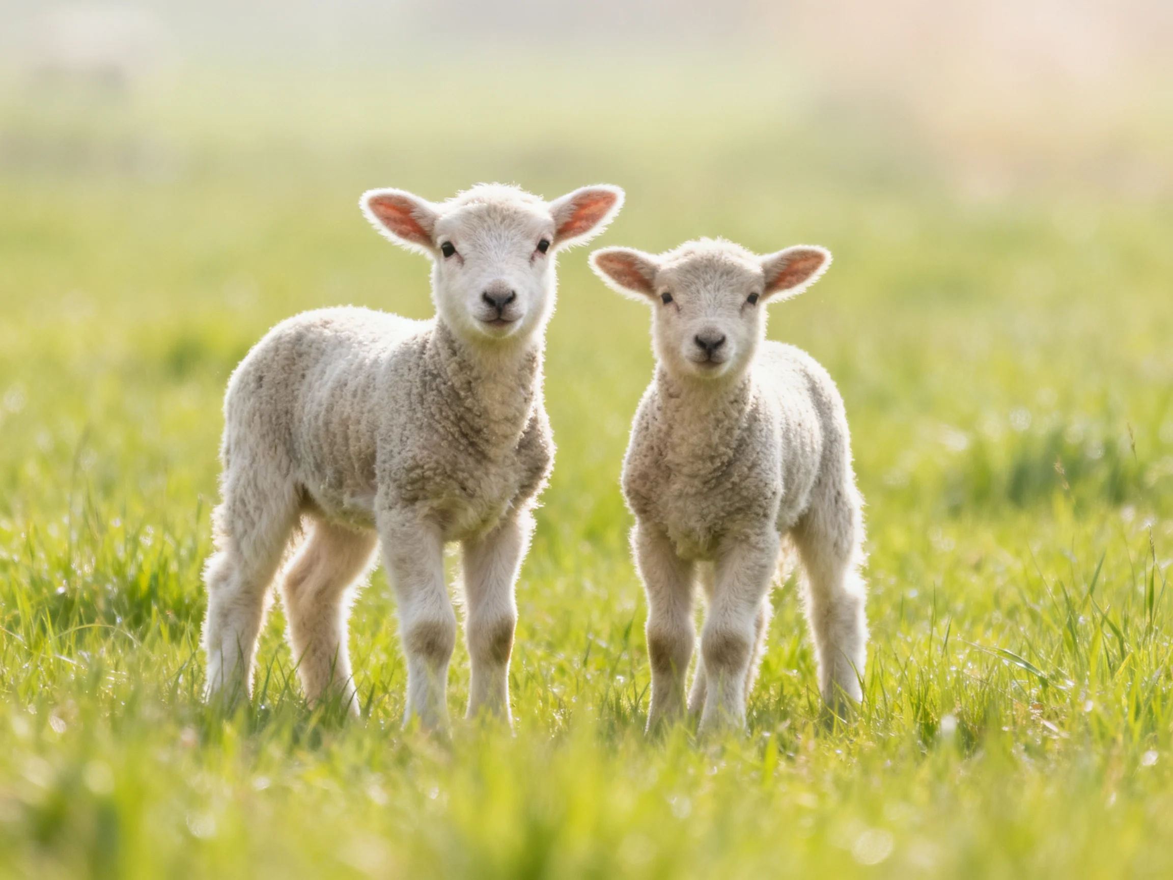 Two fluffy white lambs standing in a bright green meadow