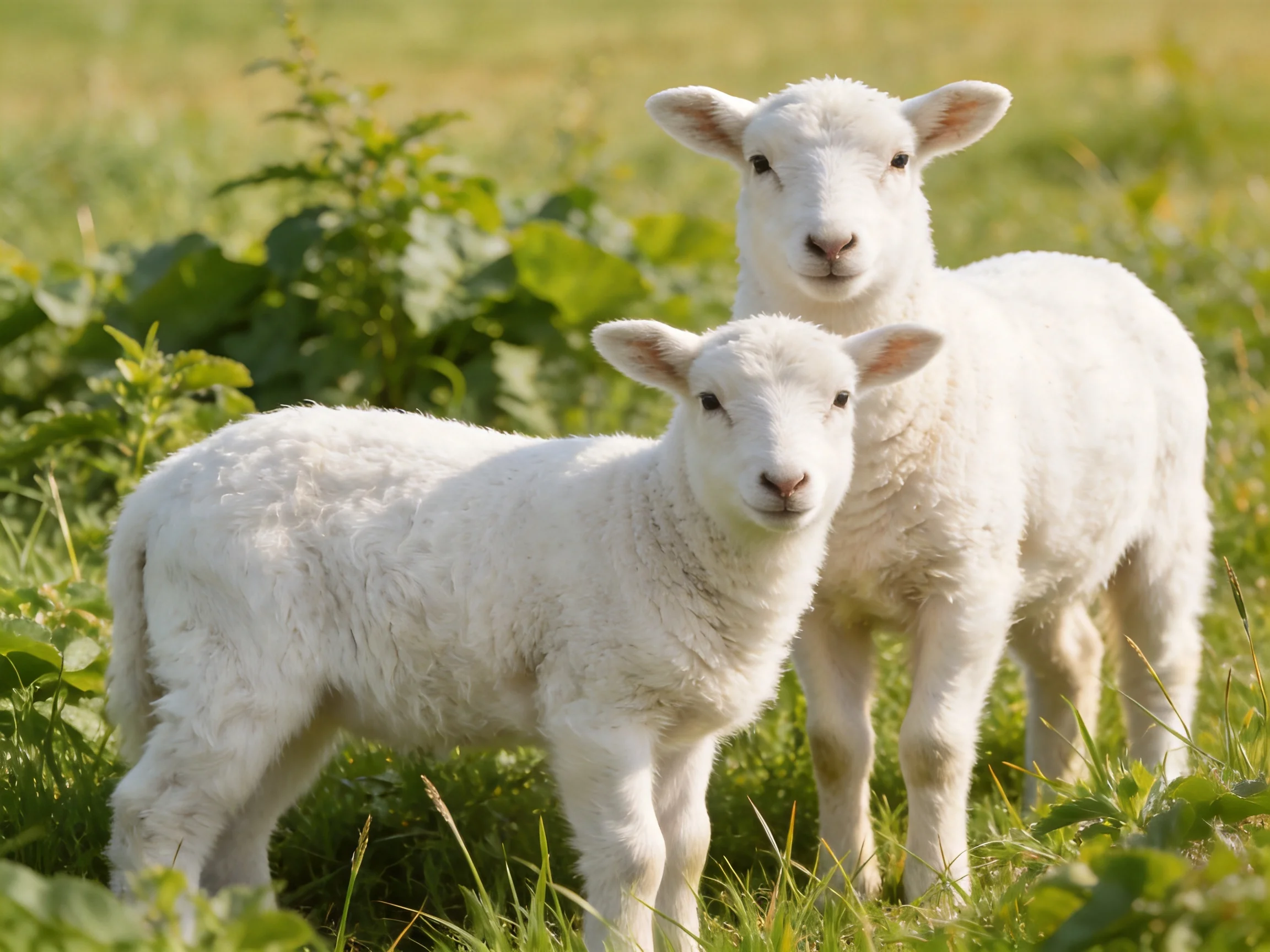 Two fluffy white lambs standing in a green meadow