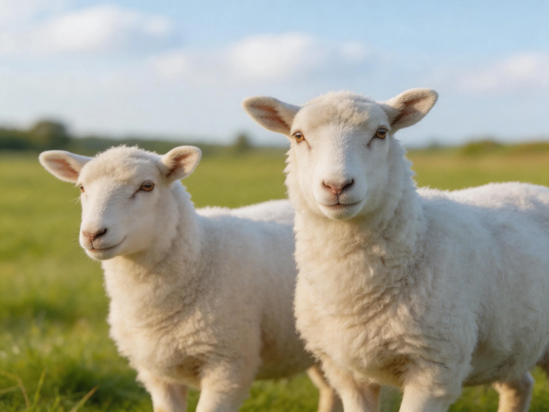 Two fluffy white lambs standing in a green pasture under clear sky