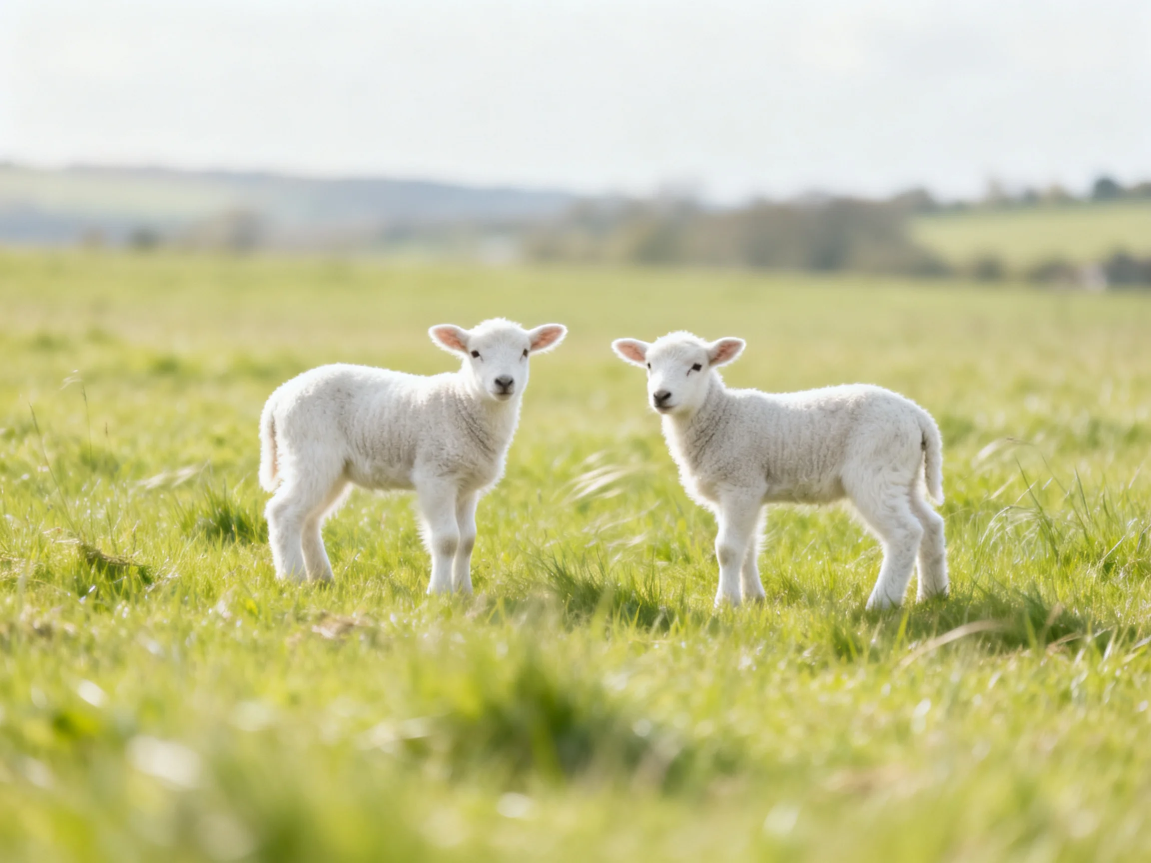 Two fluffy white lambs standing in a lush green meadow