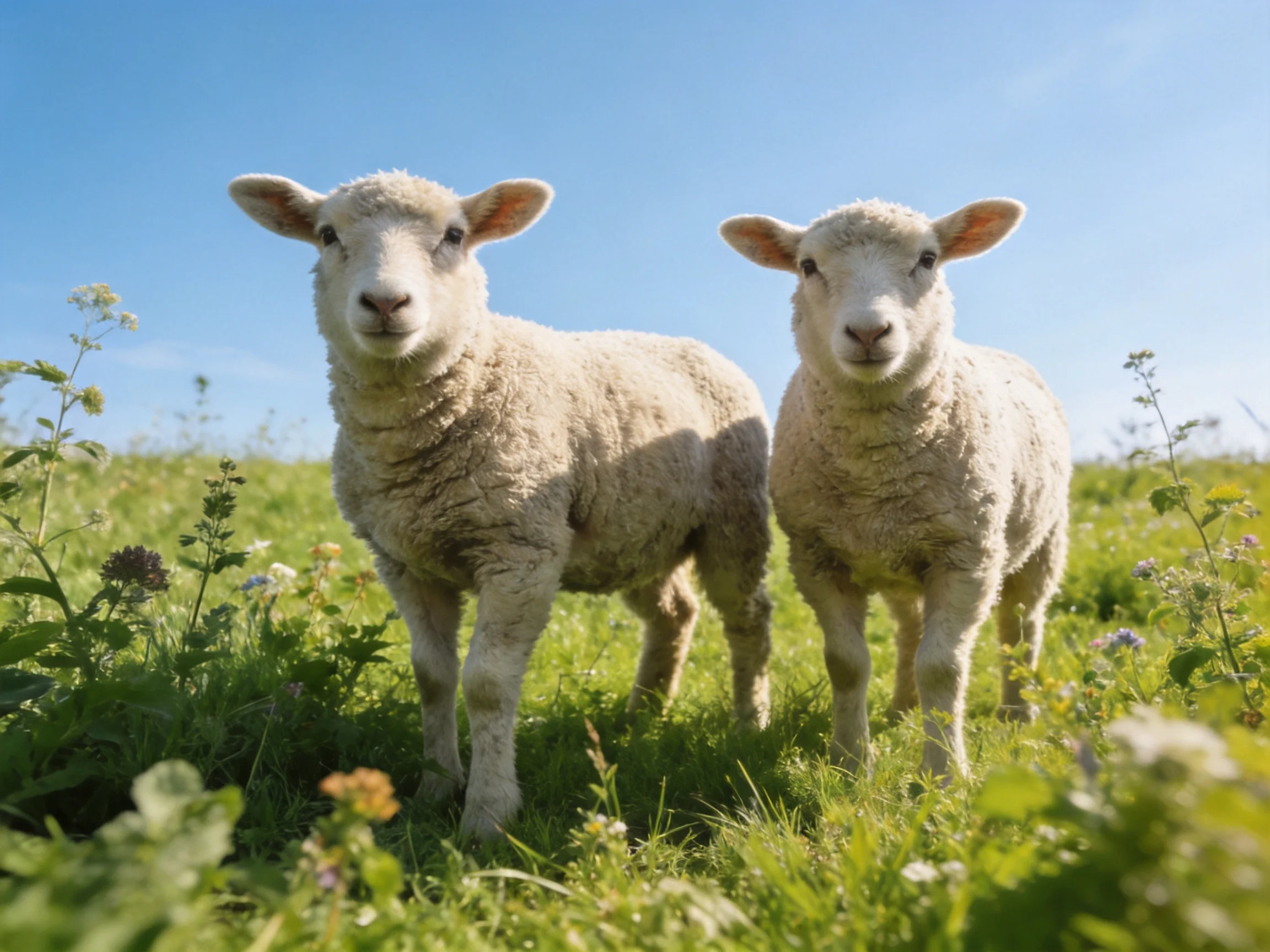 Two fluffy white lambs standing in a lush green meadow under clear blue sky