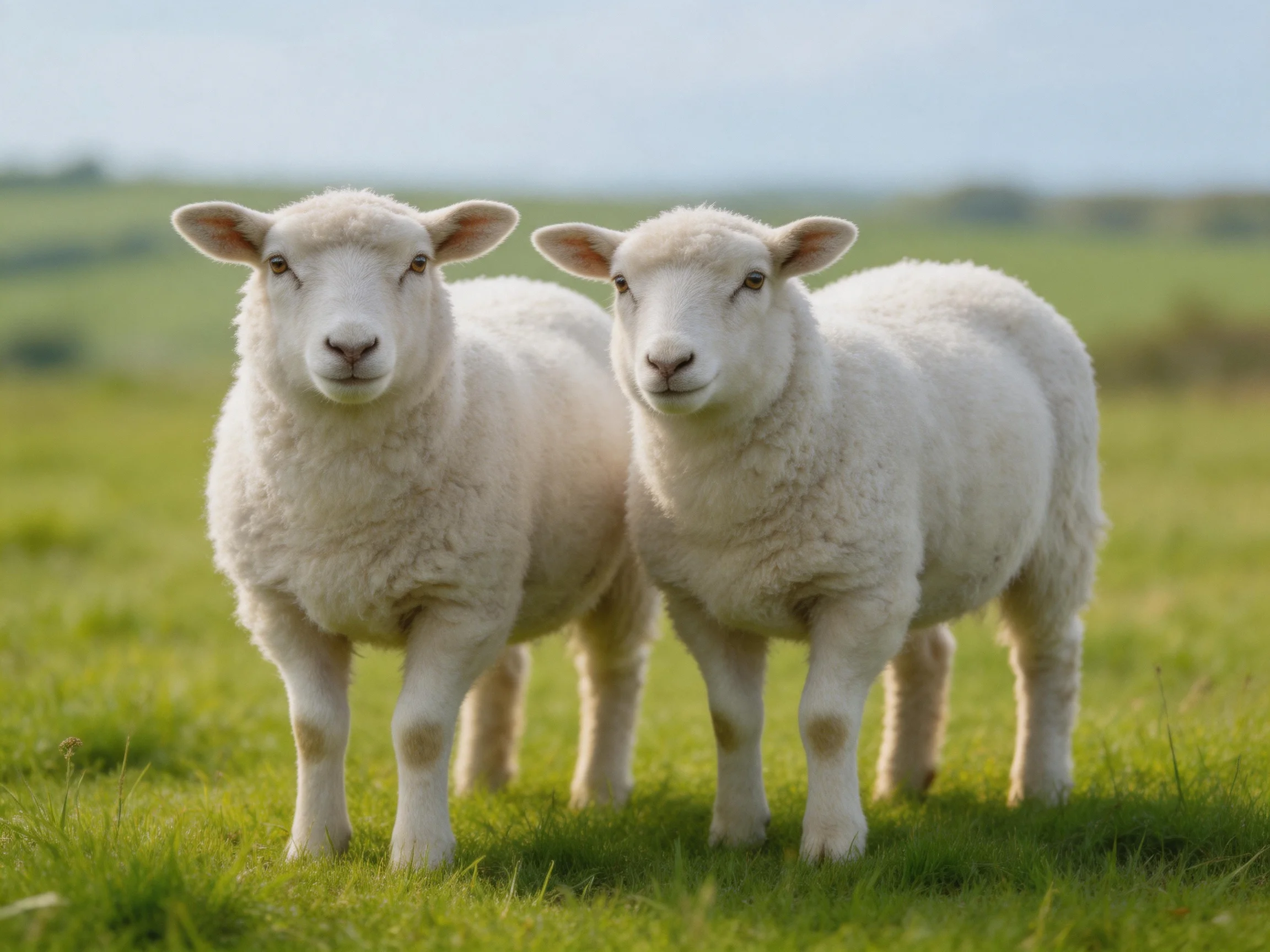 Two fluffy white lambs standing in a lush green pasture