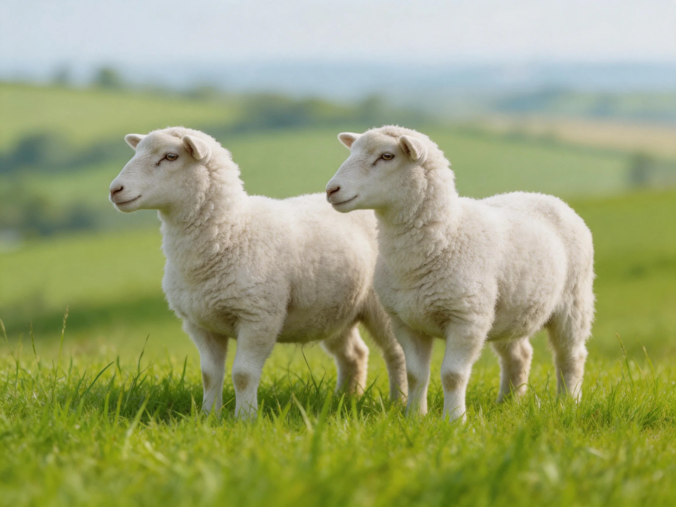 Two fluffy white lambs standing in a lush green pasture
