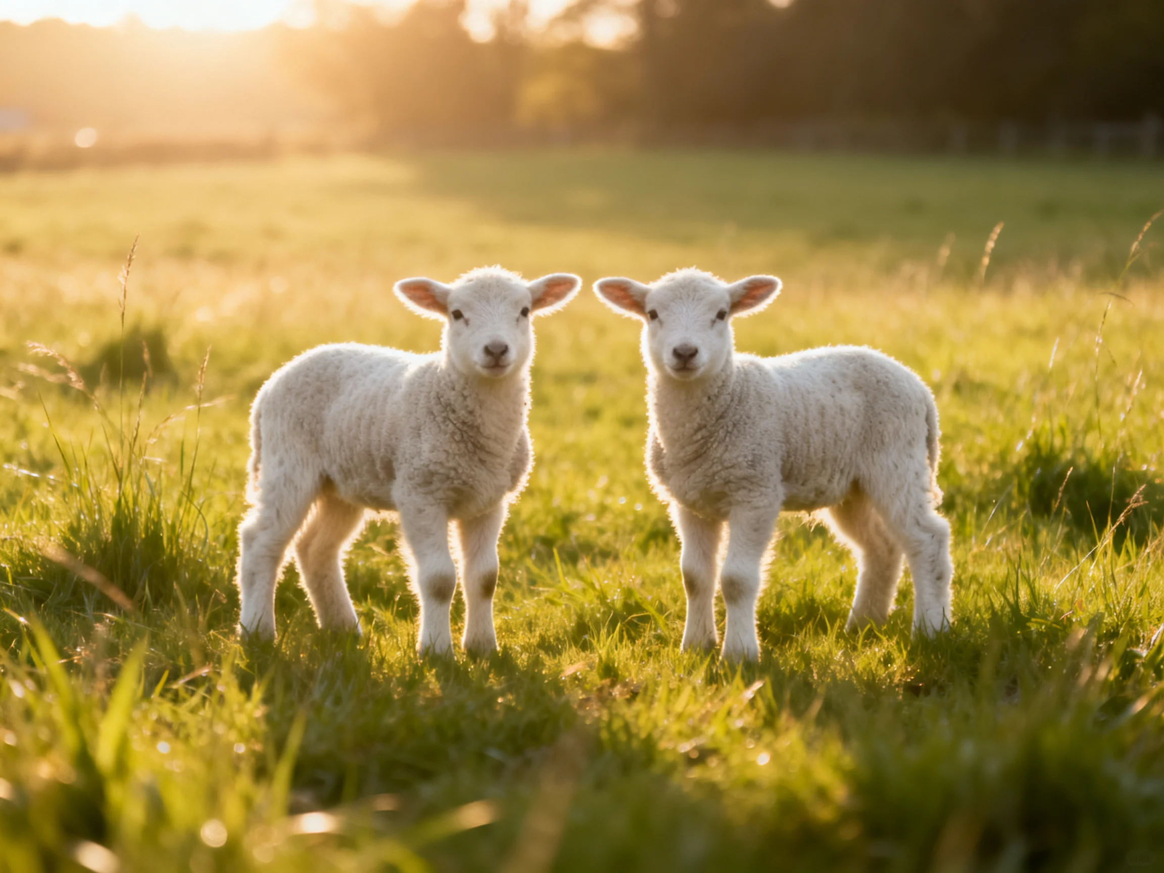 Two fluffy white lambs standing in a sunlit green meadow