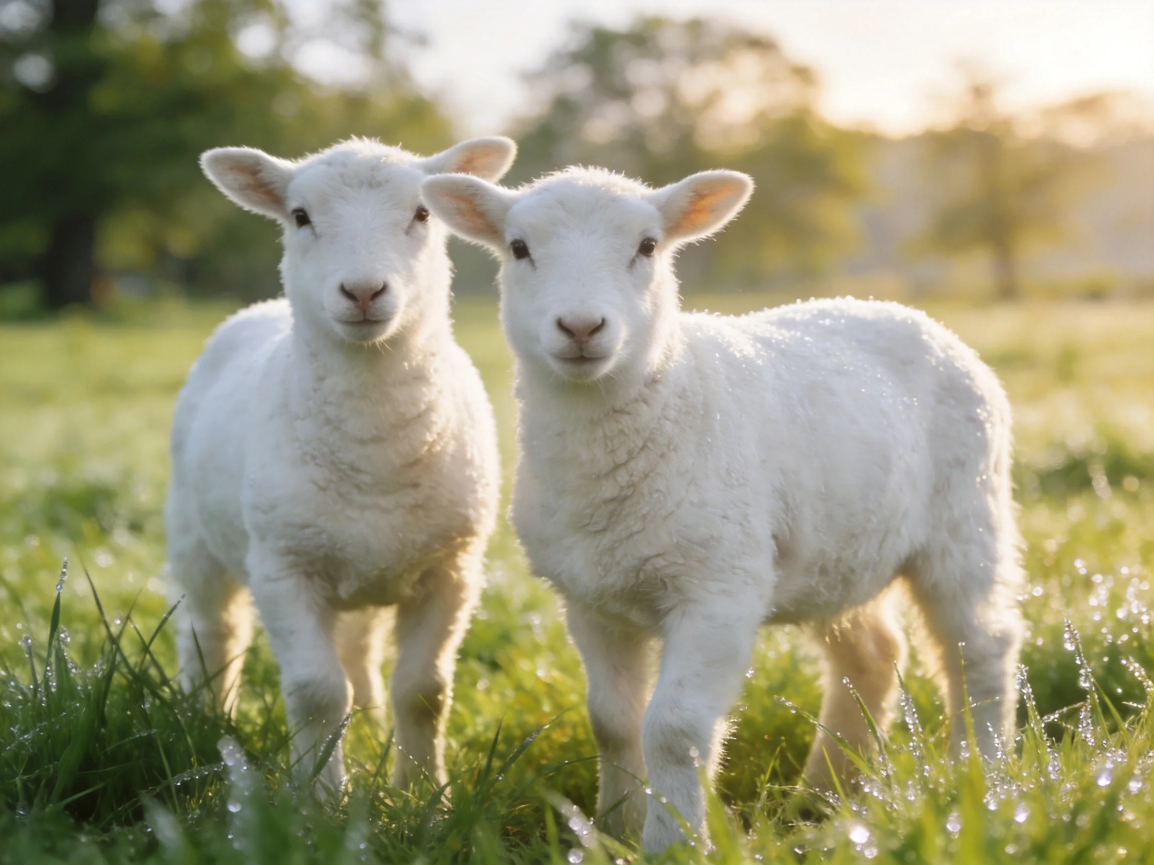 Two fluffy white lambs standing in dewy green grass