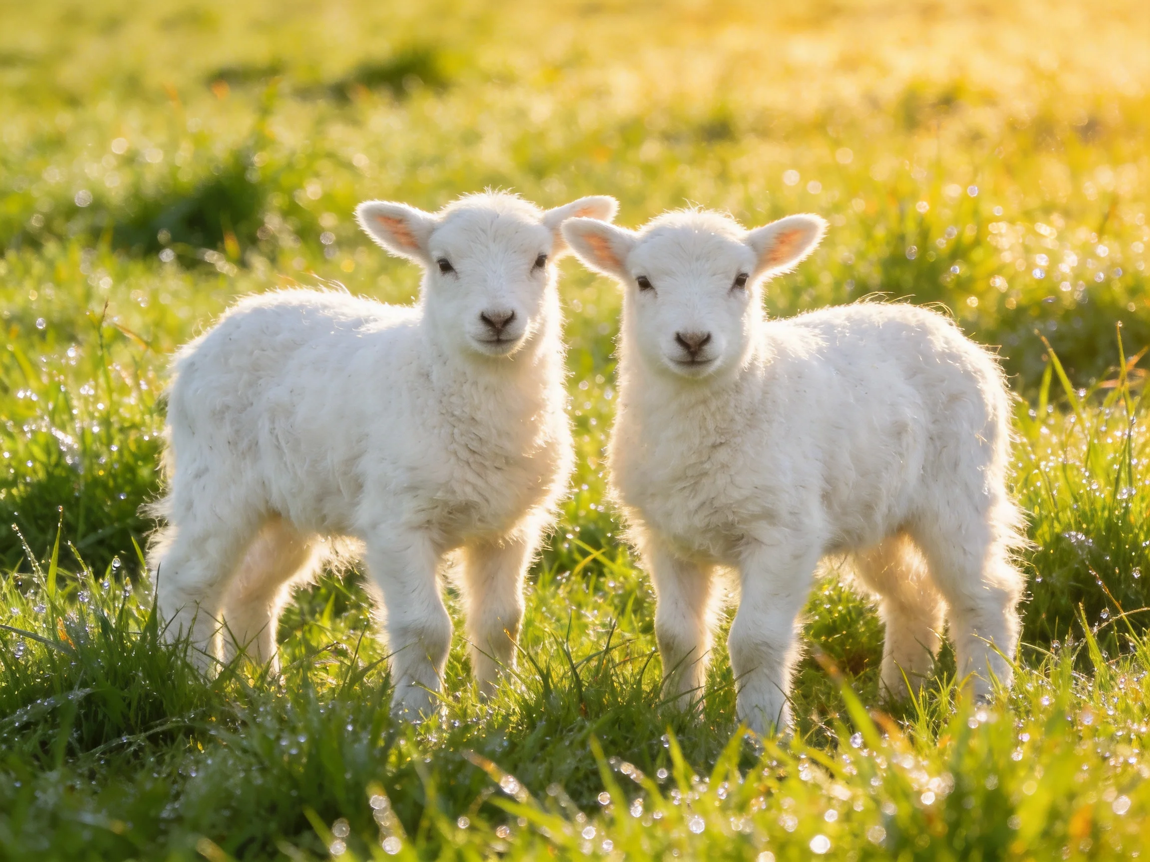 Two fluffy white lambs standing in dewy green meadow
