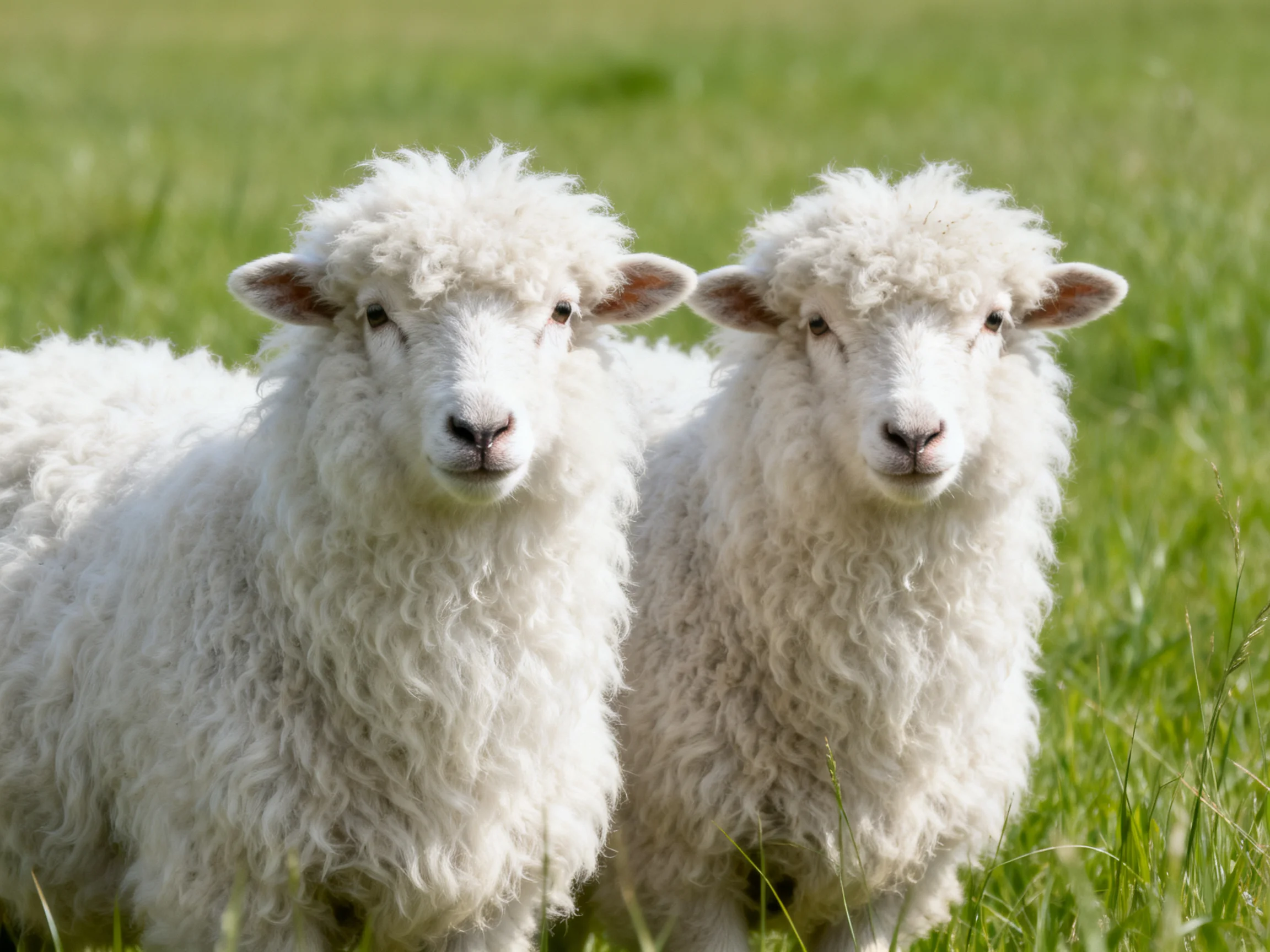 Two fluffy white lambs standing in lush green grass