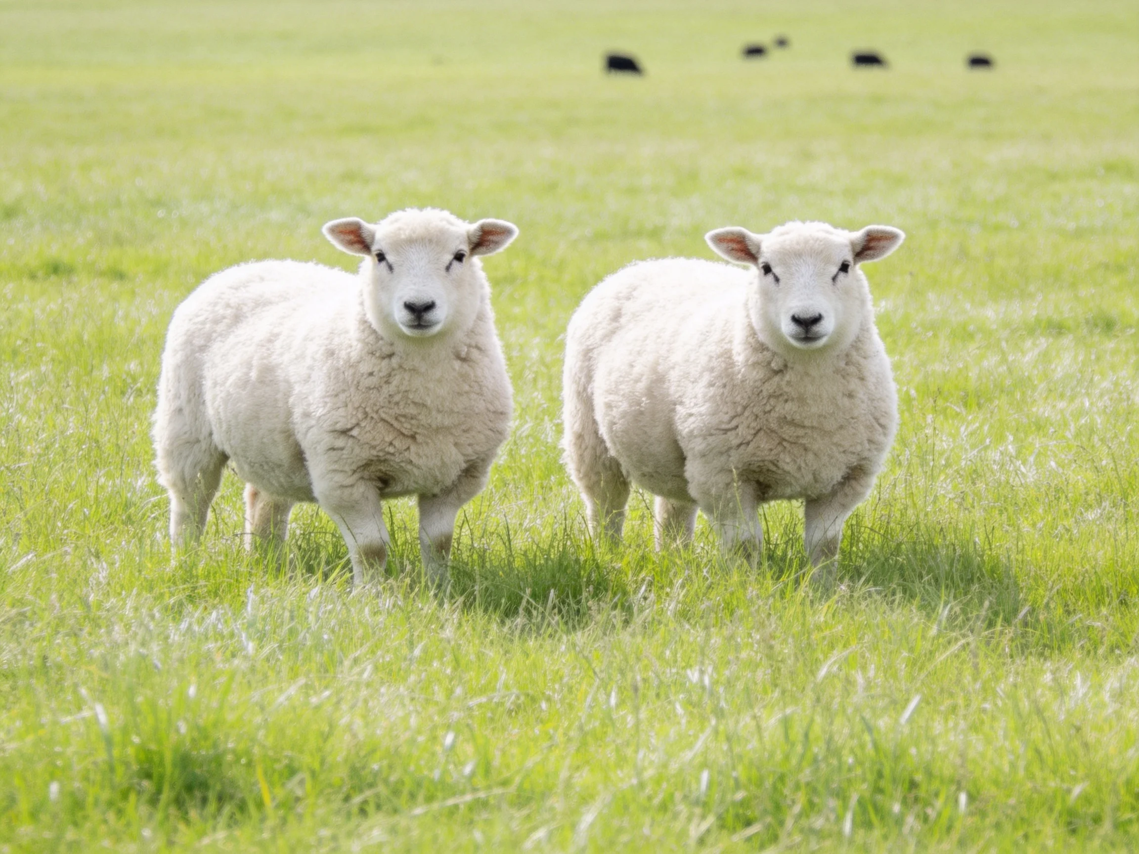 Two fluffy white lambs standing in lush green pasture