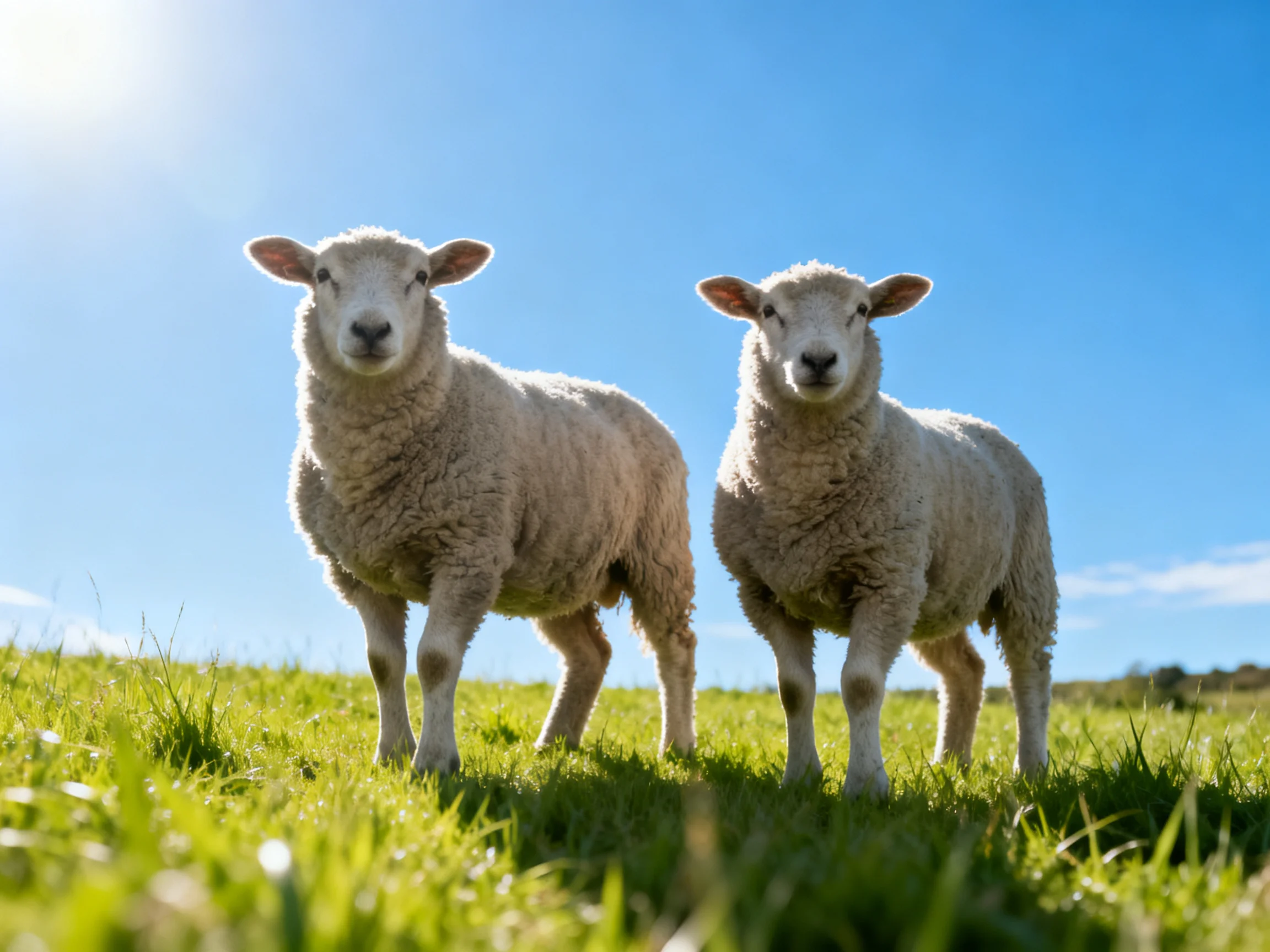 Two fluffy white lambs standing on lush green grass under bright blue sky
