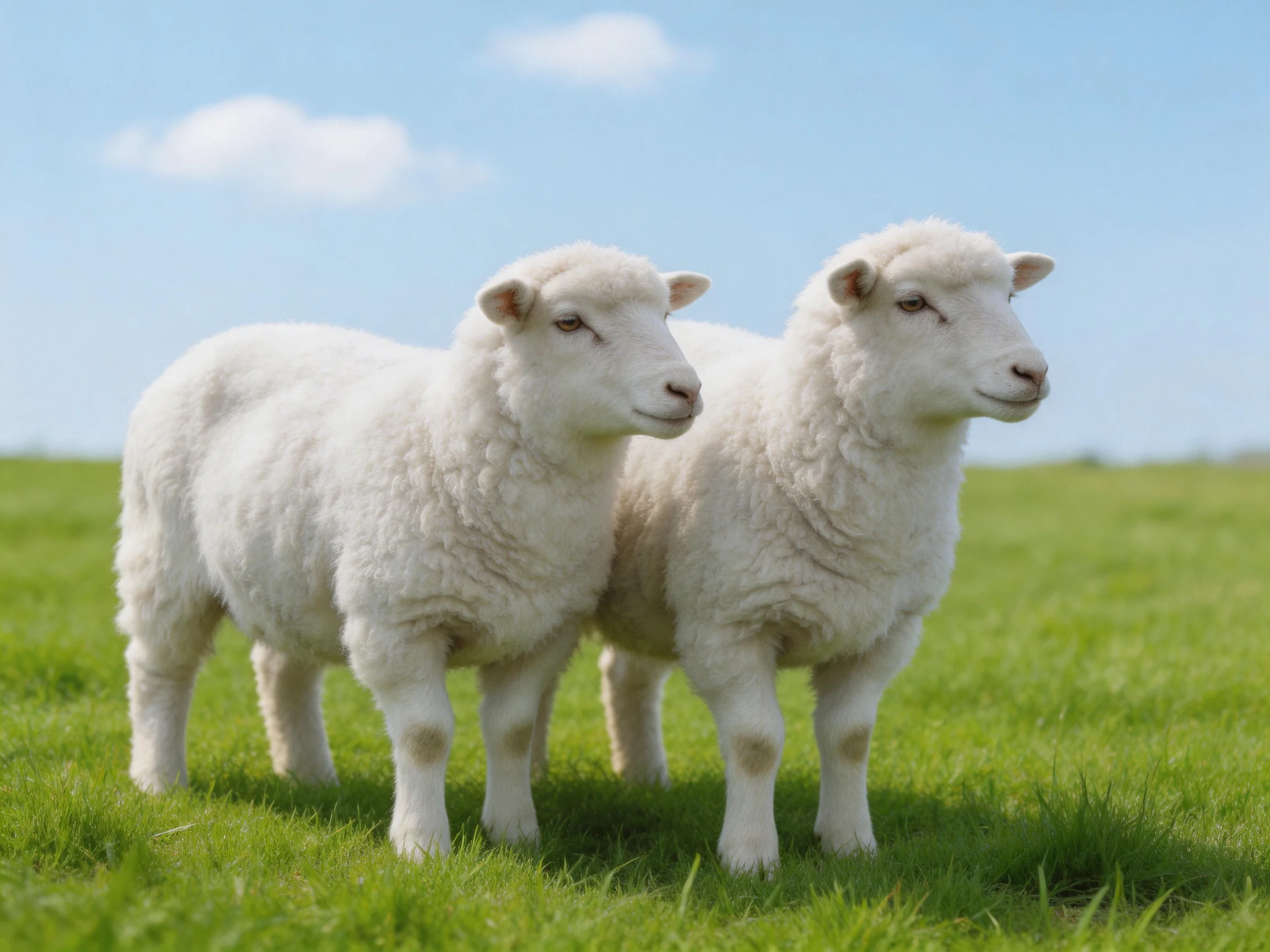 Two fluffy white lambs standing on lush green grass under clear blue sky