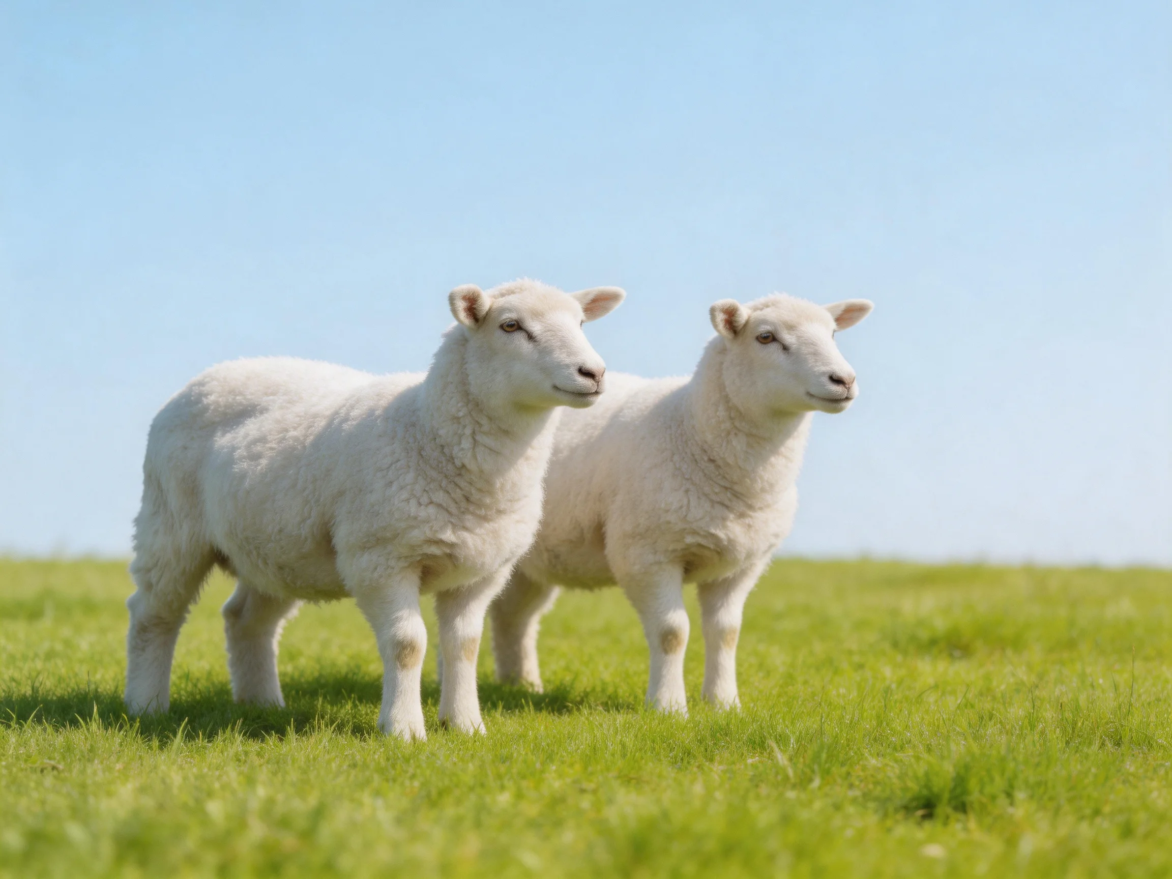 Two fluffy white lambs standing on lush green grass under clear blue sky