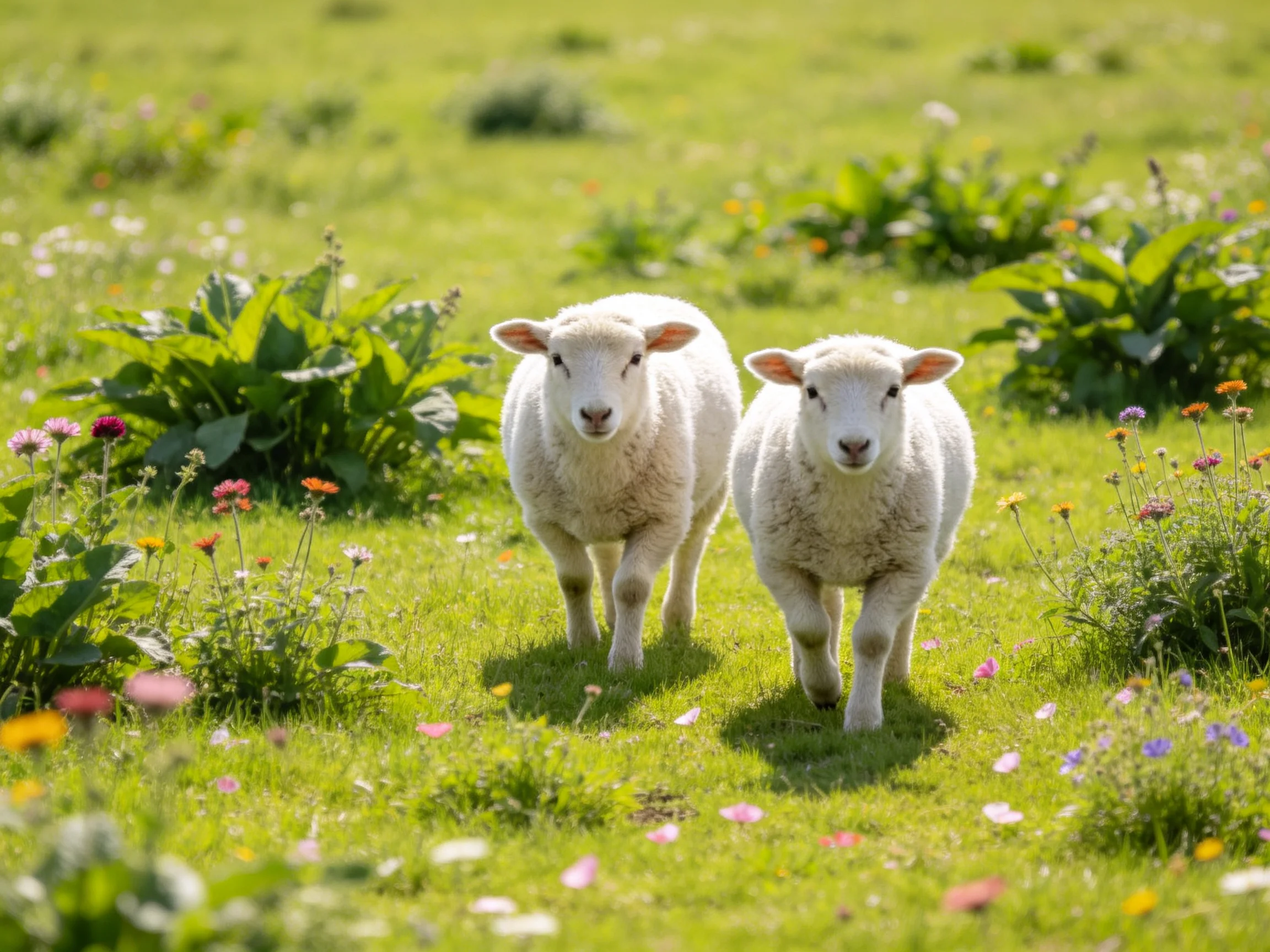 Two fluffy white lambs stroll through a vibrant flower-filled meadow