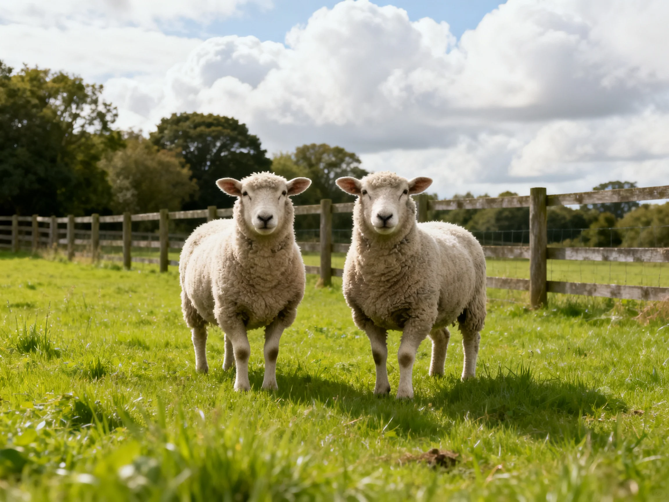 Two sheep stand together in a sunny pasture with a wooden fence.