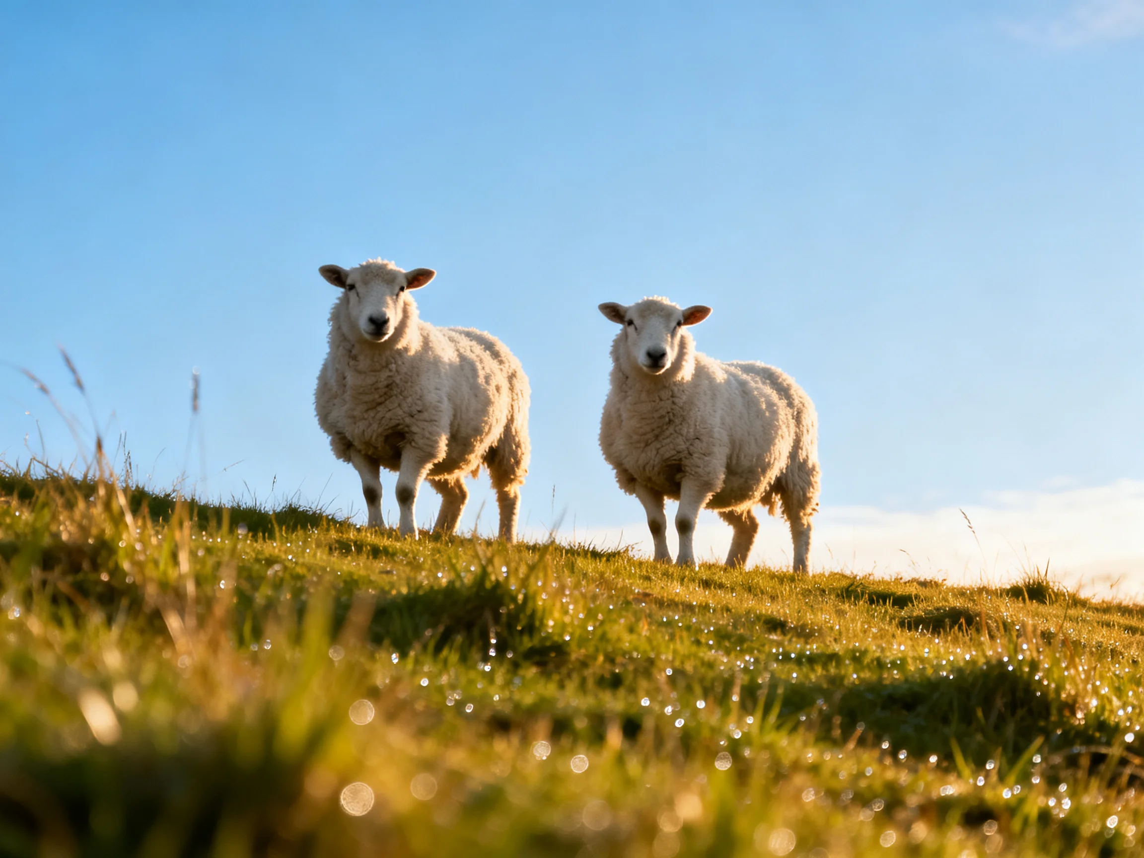 Two sheep stand on a dewy hillside in a sunny outdoor setting.