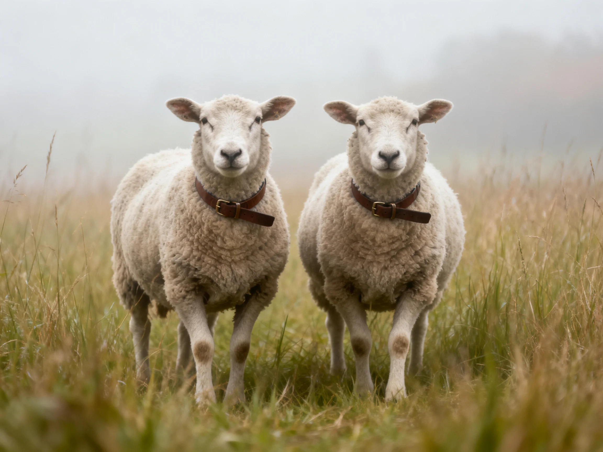 Two fluffy white sheep stand side by side in a misty grassy field