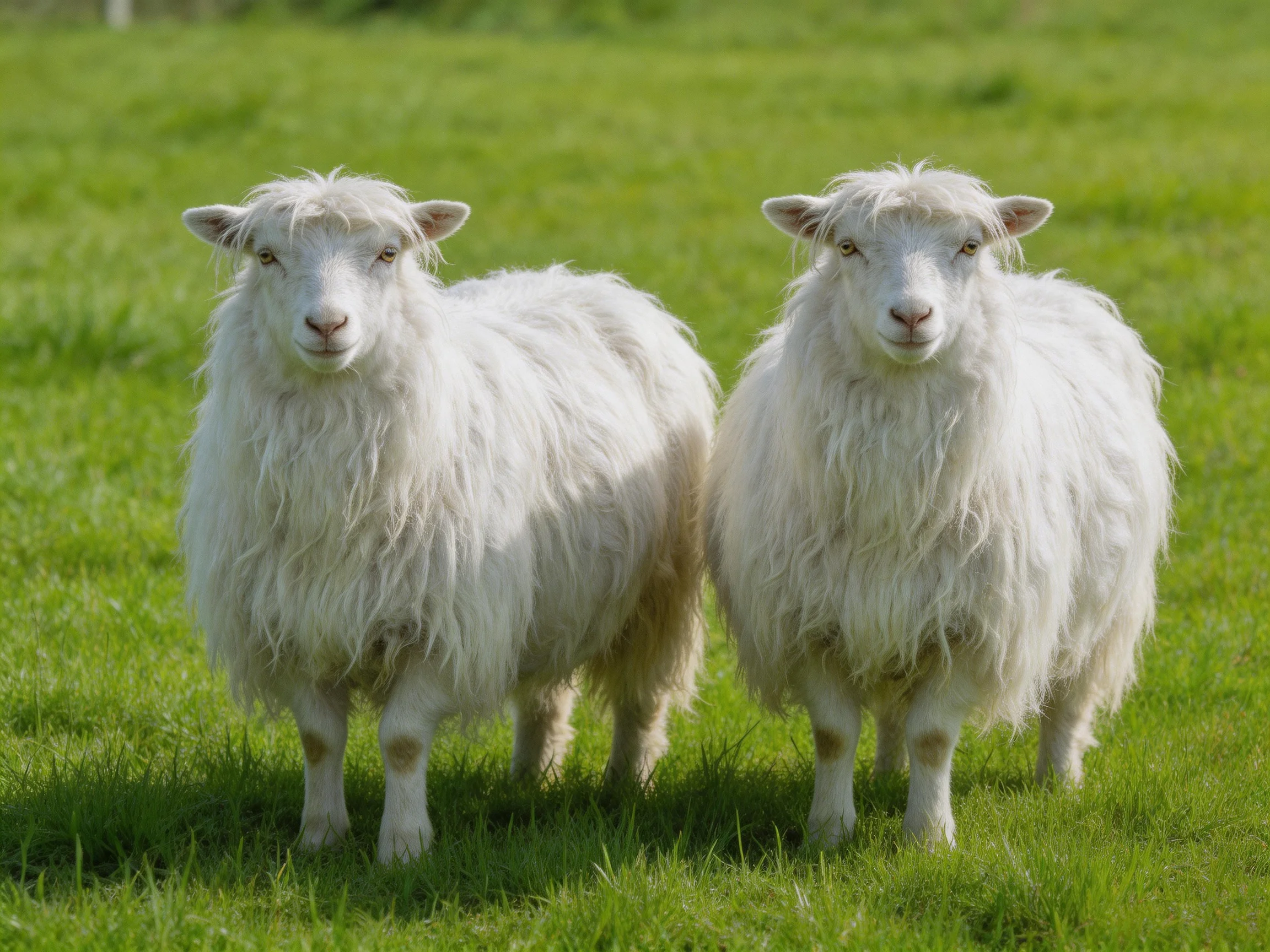 Two fluffy white sheep standing in a lush green meadow