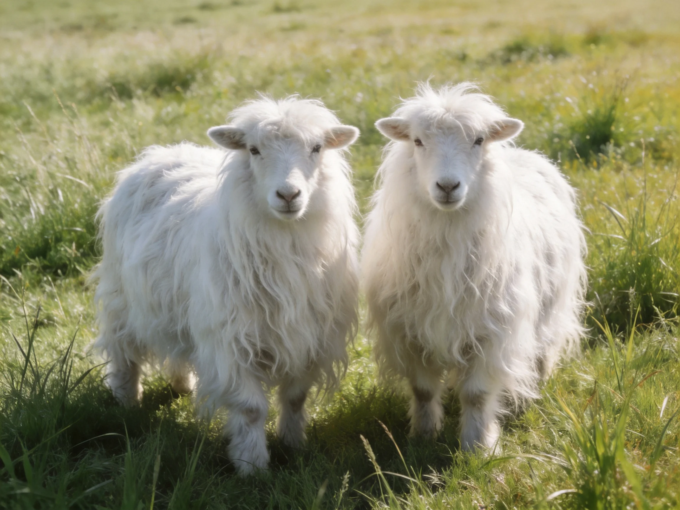 Two fluffywhite animals in a sunlit green pasture