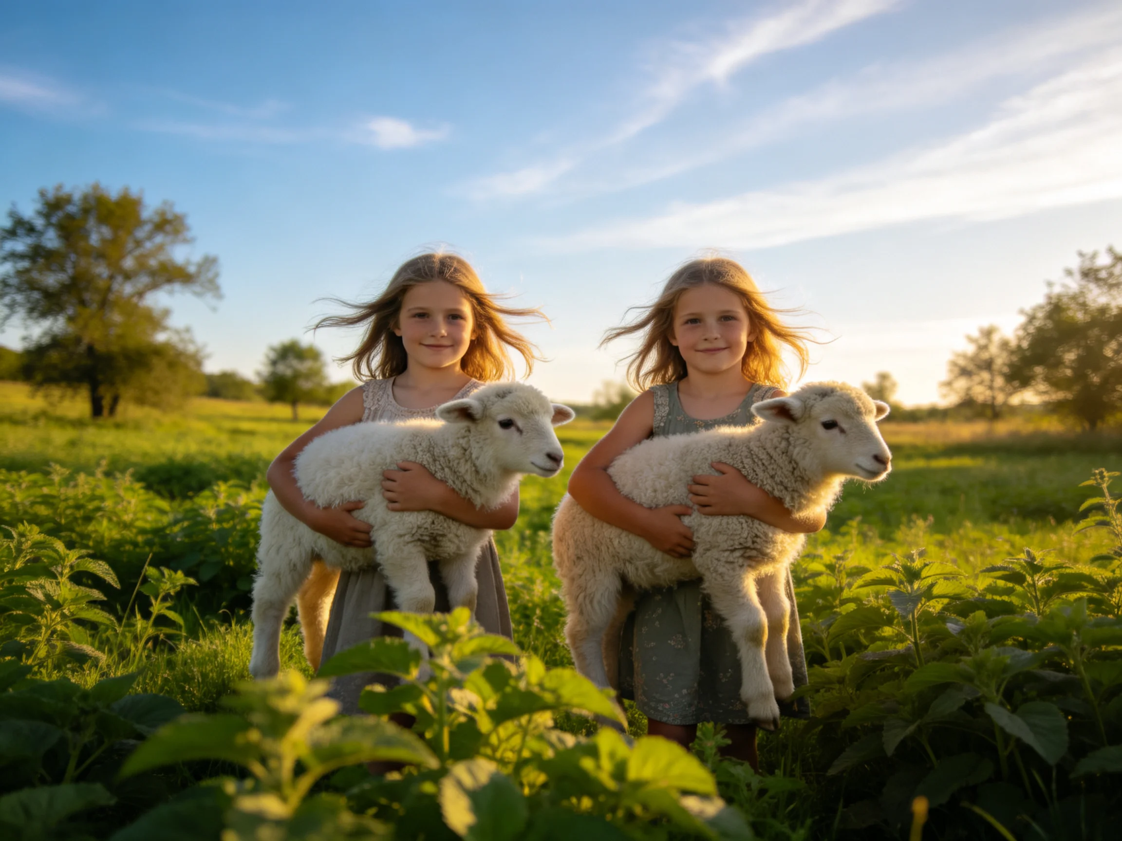 Two girls holding lambs in a sunlit green meadow