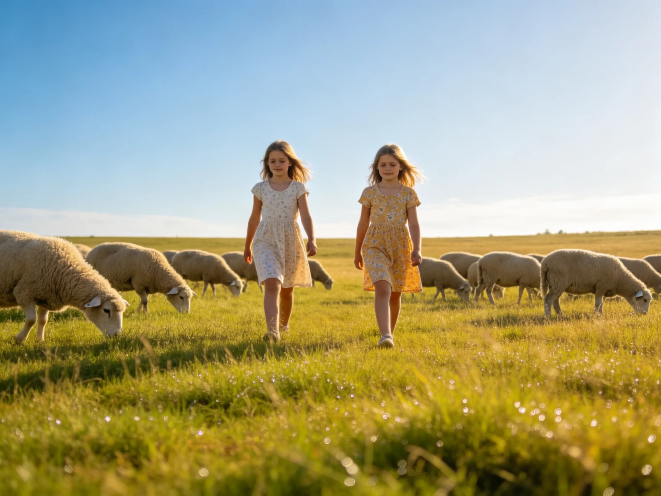 Two girls walk through a sunlit field with grazing sheep