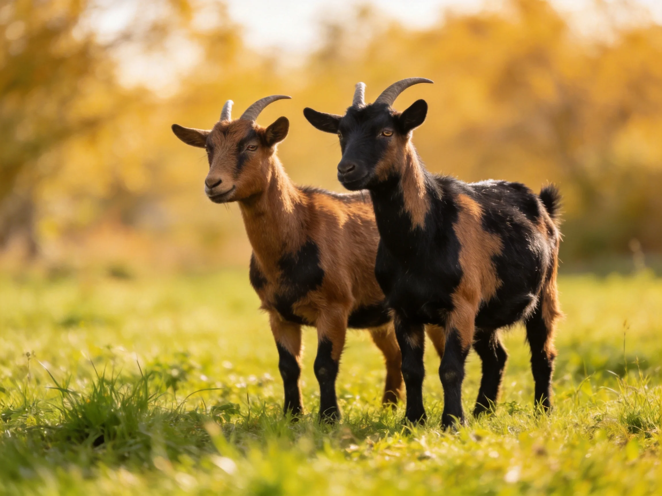 Two goats, brown and black, stand in a sunlit green meadow