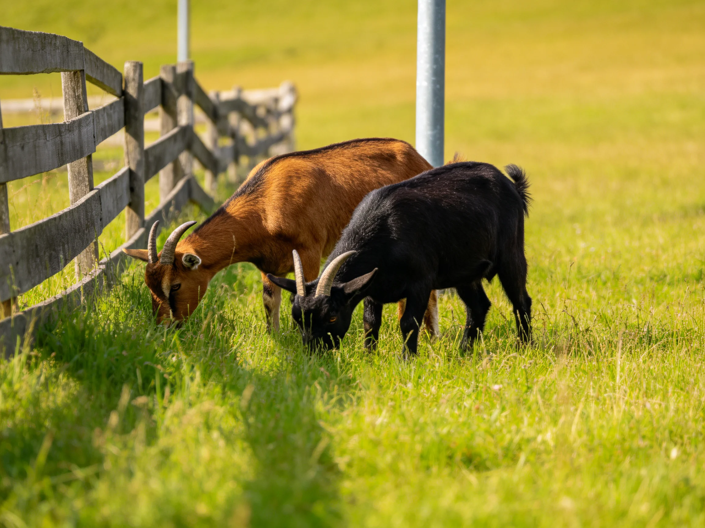 Two goats graze beside a weathered wooden fence in a sunny field