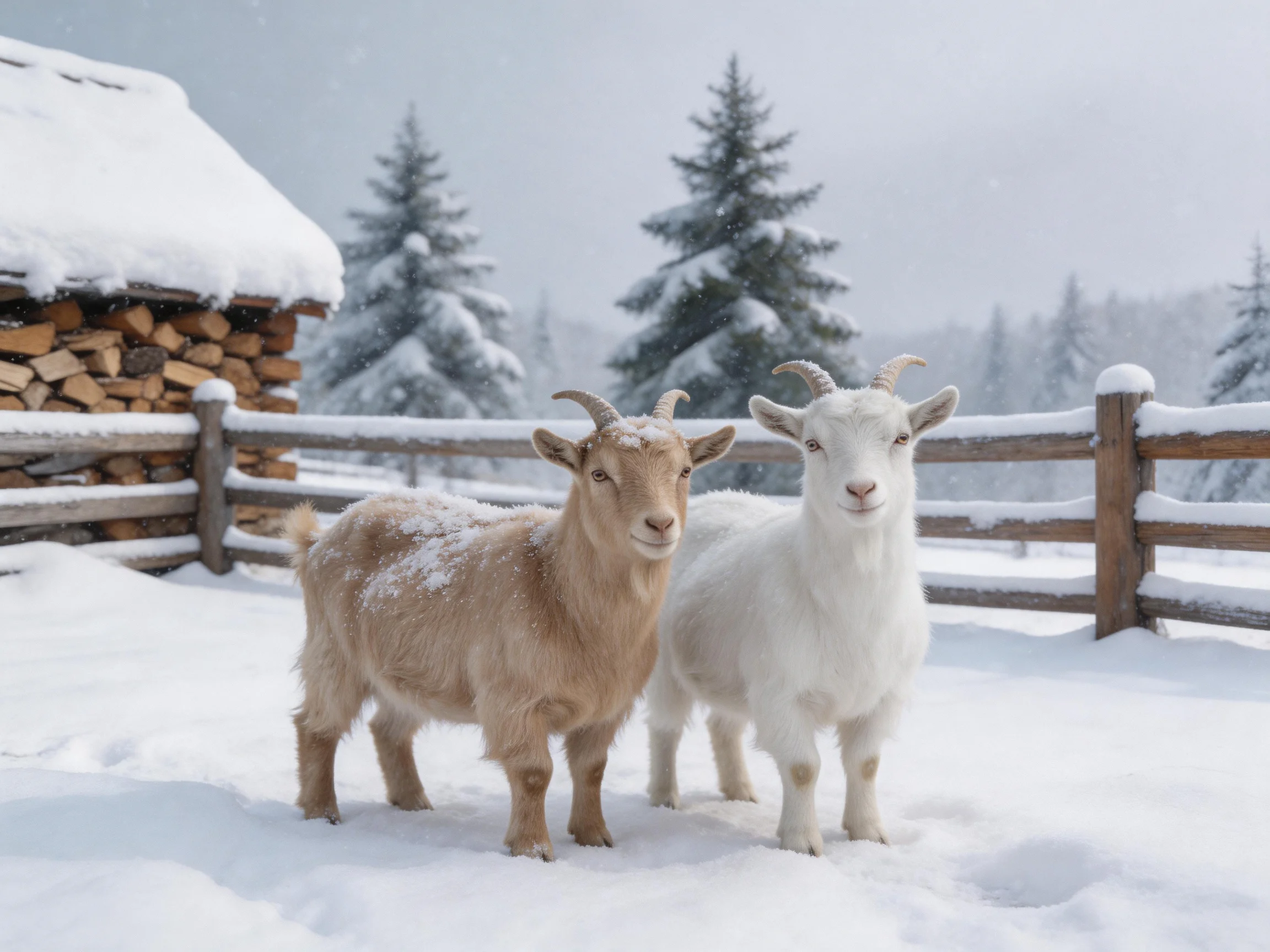 Two goats, one tan and one white, in a snowy farm setting with wooden fences.
