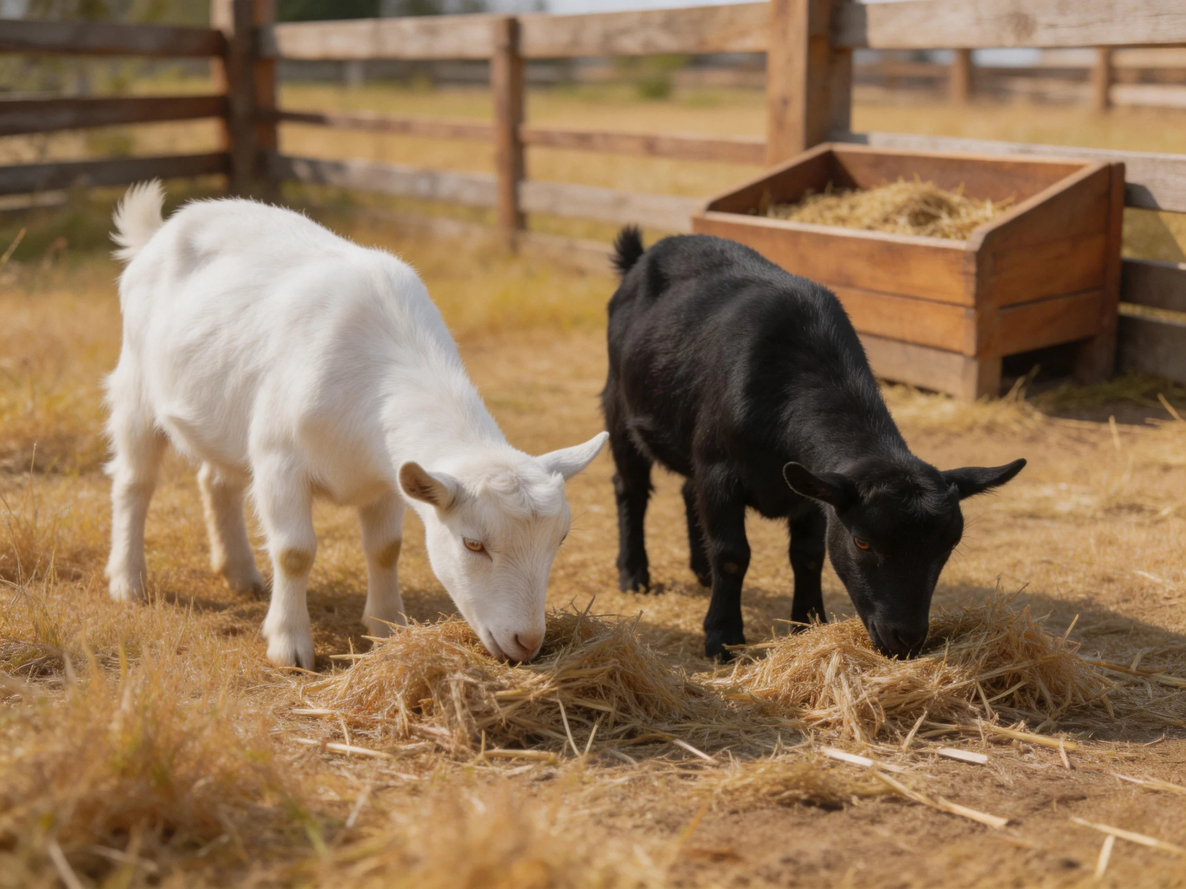 Two goats, one white and one black, eat hay near a wooden feeder.