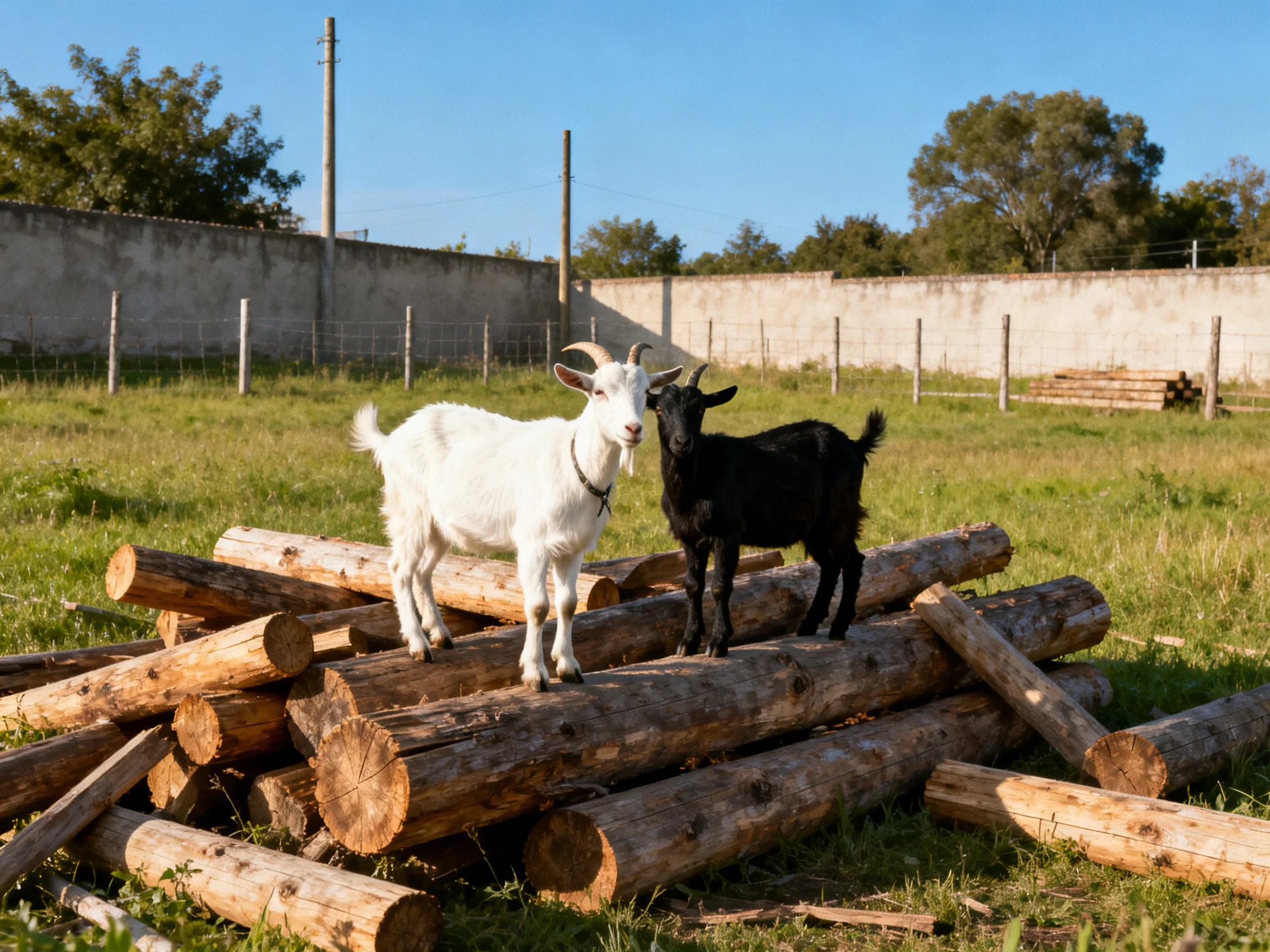 Two goats, one white and one black, stand atop stacked wooden logs in a sunny field.