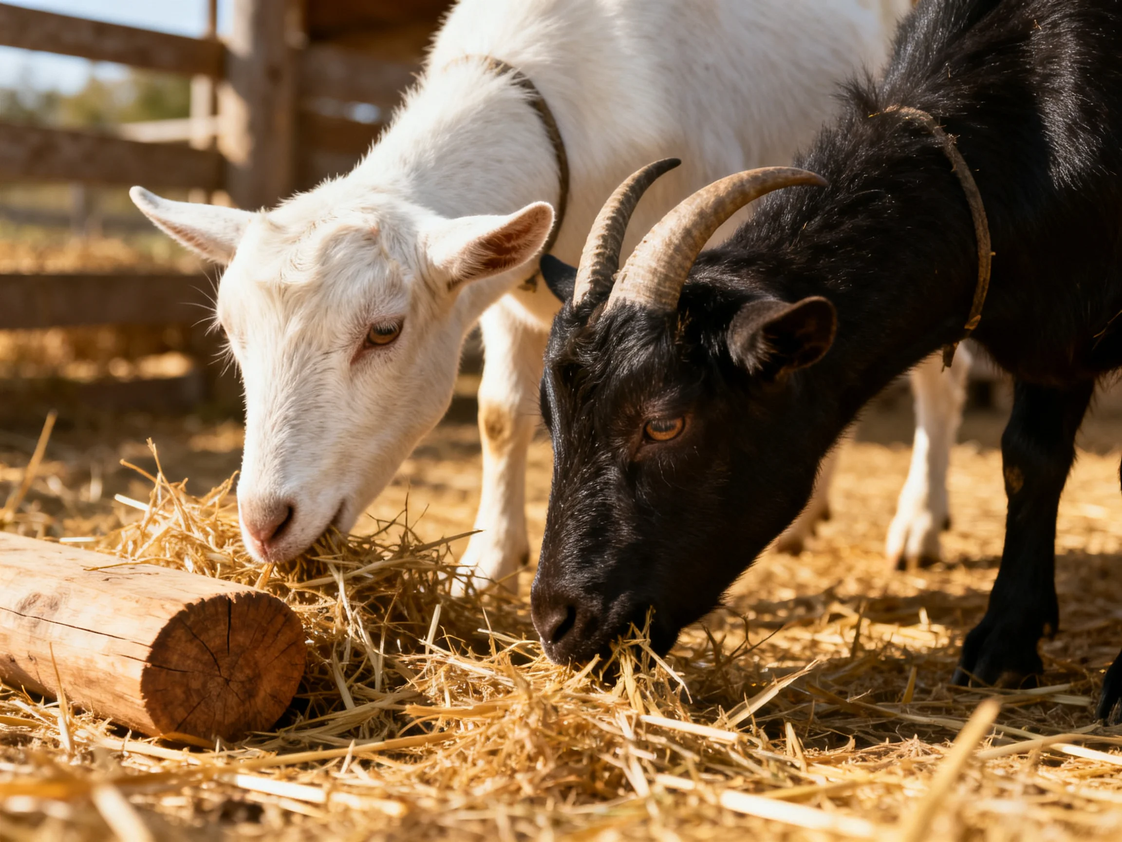 Two goats—one white, one black—eating hay near a wooden log