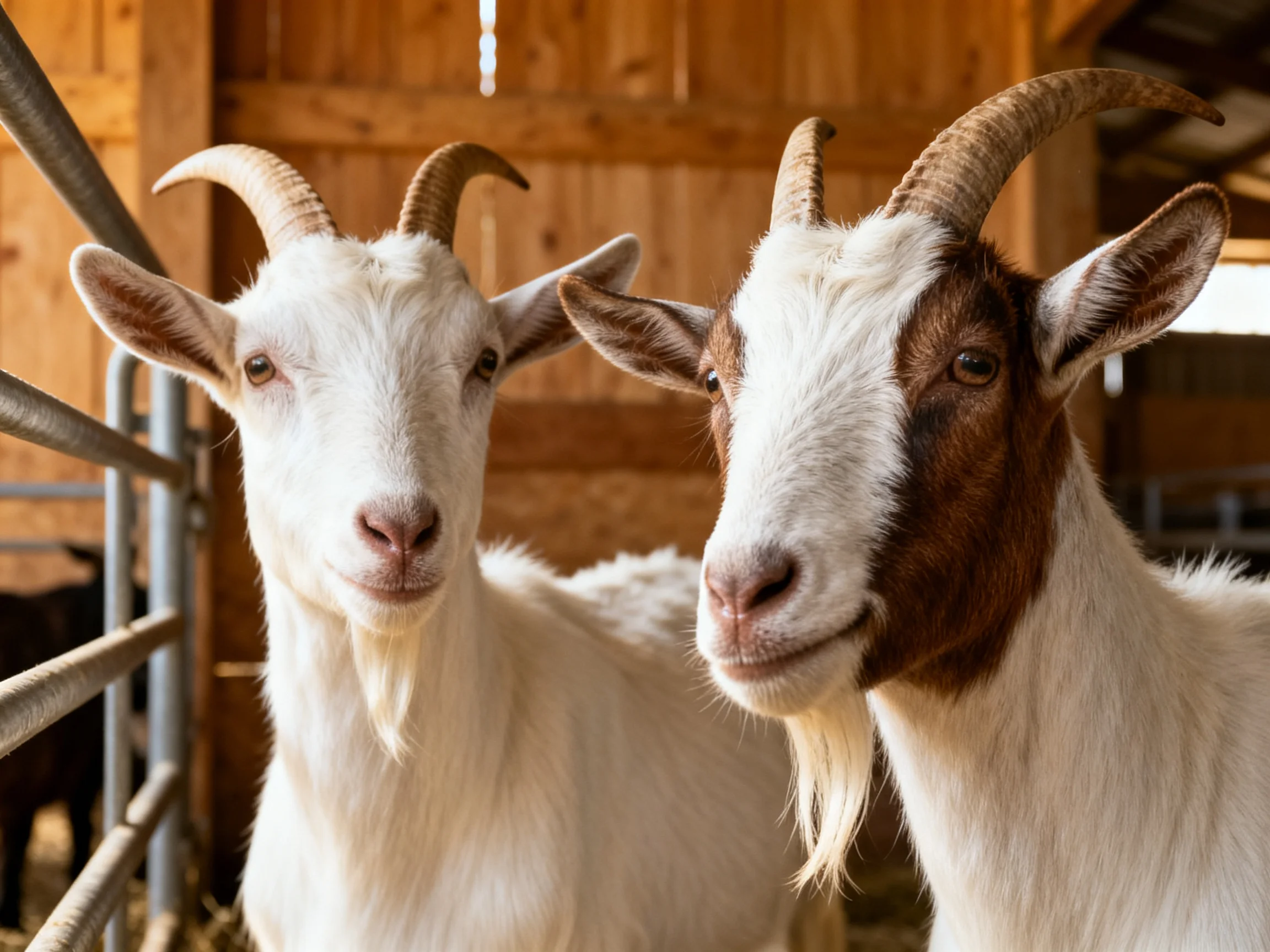 Two goats, one white, one brown-and-white, in a wooden barn