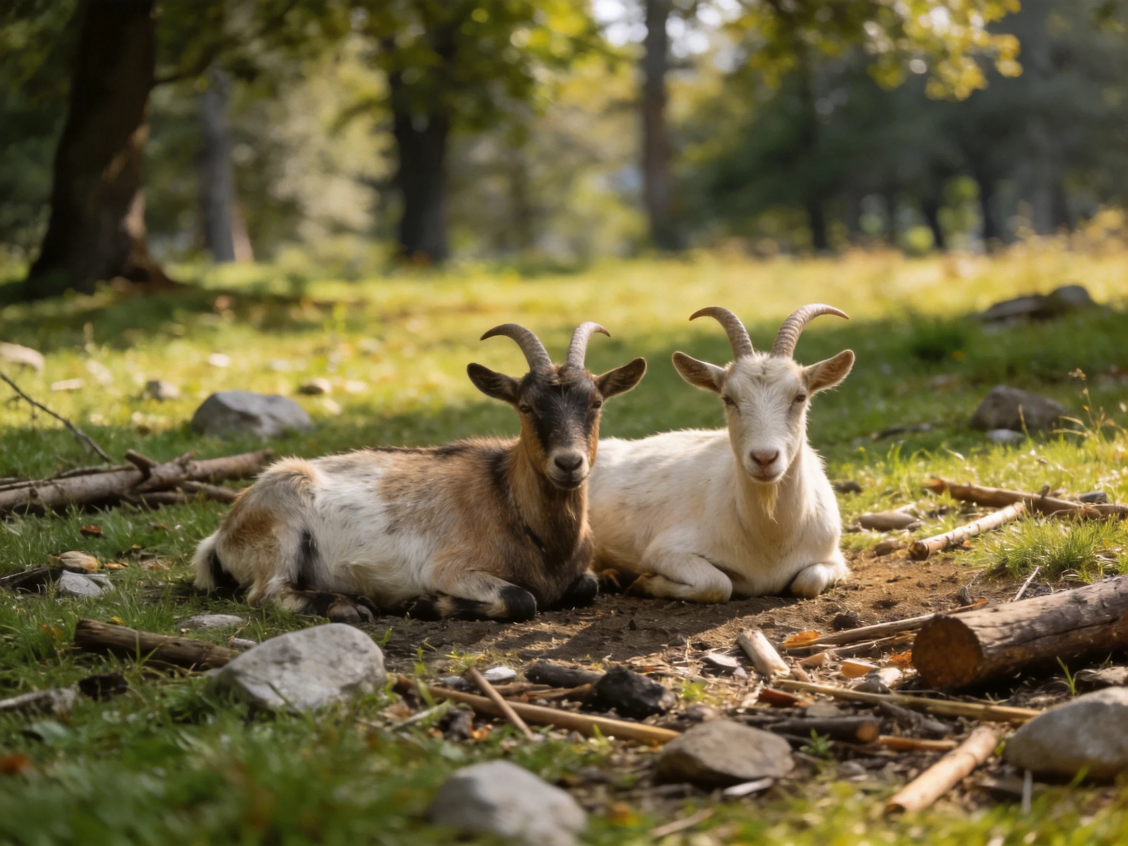 Two goats rest in a sunlit forest clearing with rocks and branches