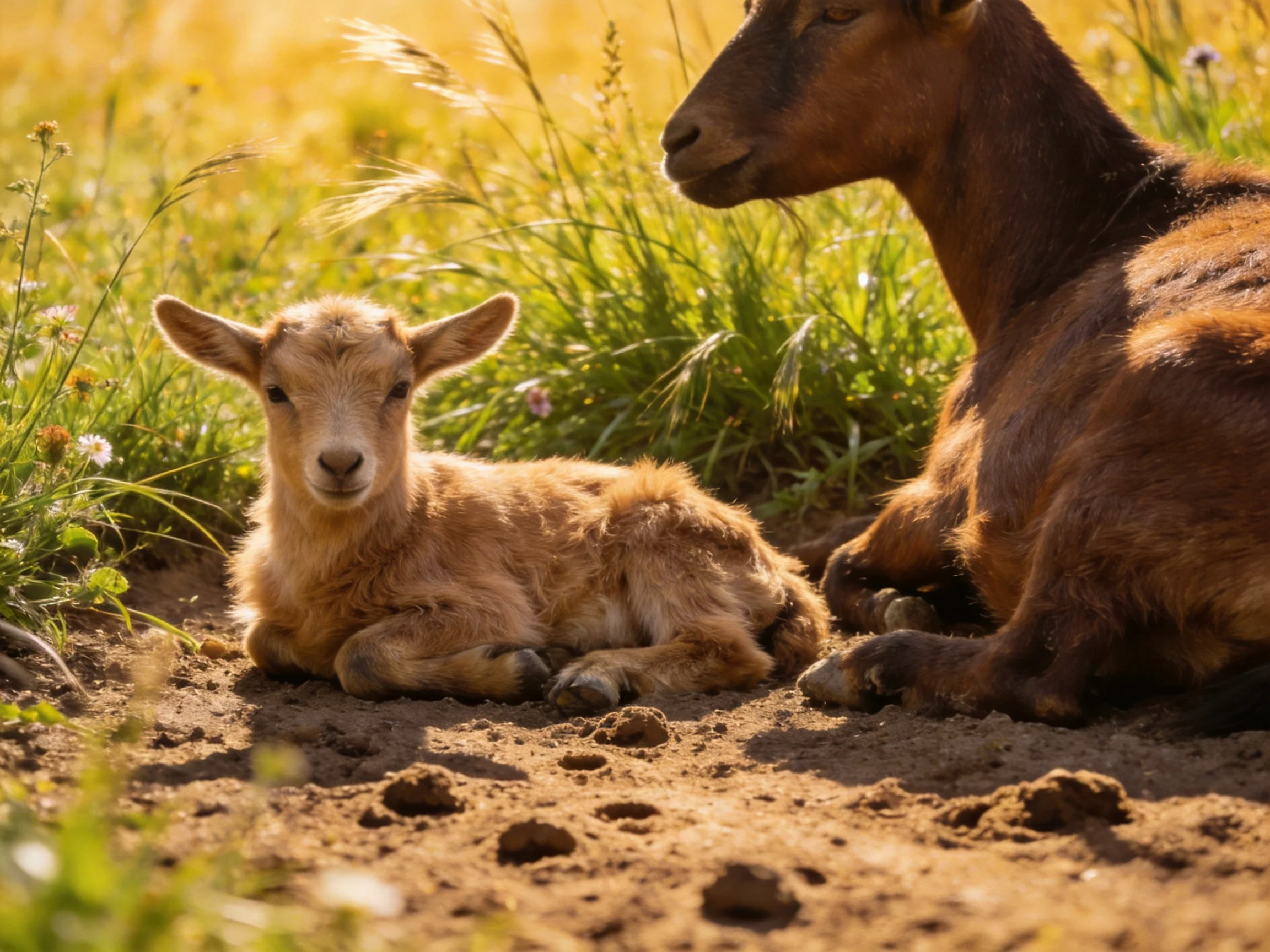 Two goats rest in a sunlit meadow with greenery