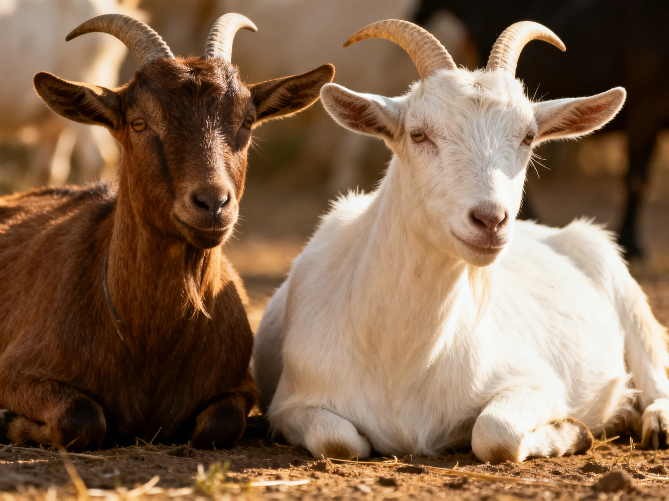 Two goats resting, one brown, one white, on earthy ground