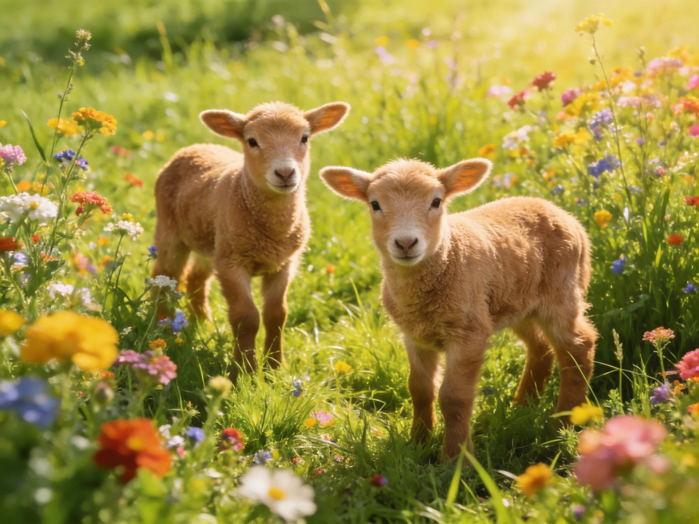 Two golden lambs amid vibrant wildflowers in a sunlit meadow