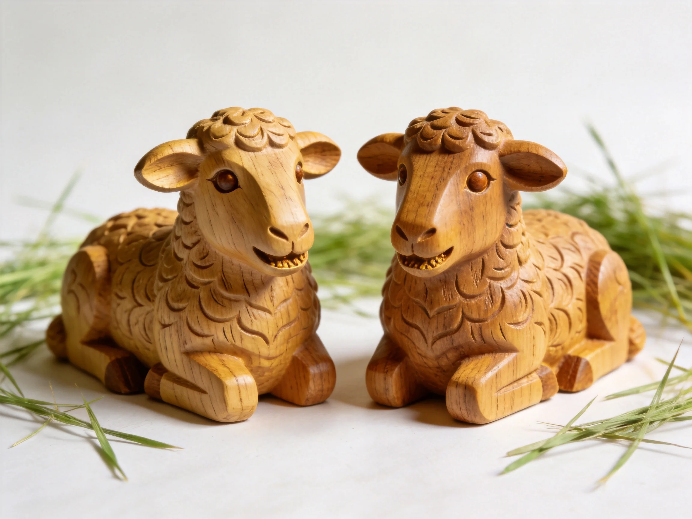 Two hand-carved wooden sheep figurines with detailed textures