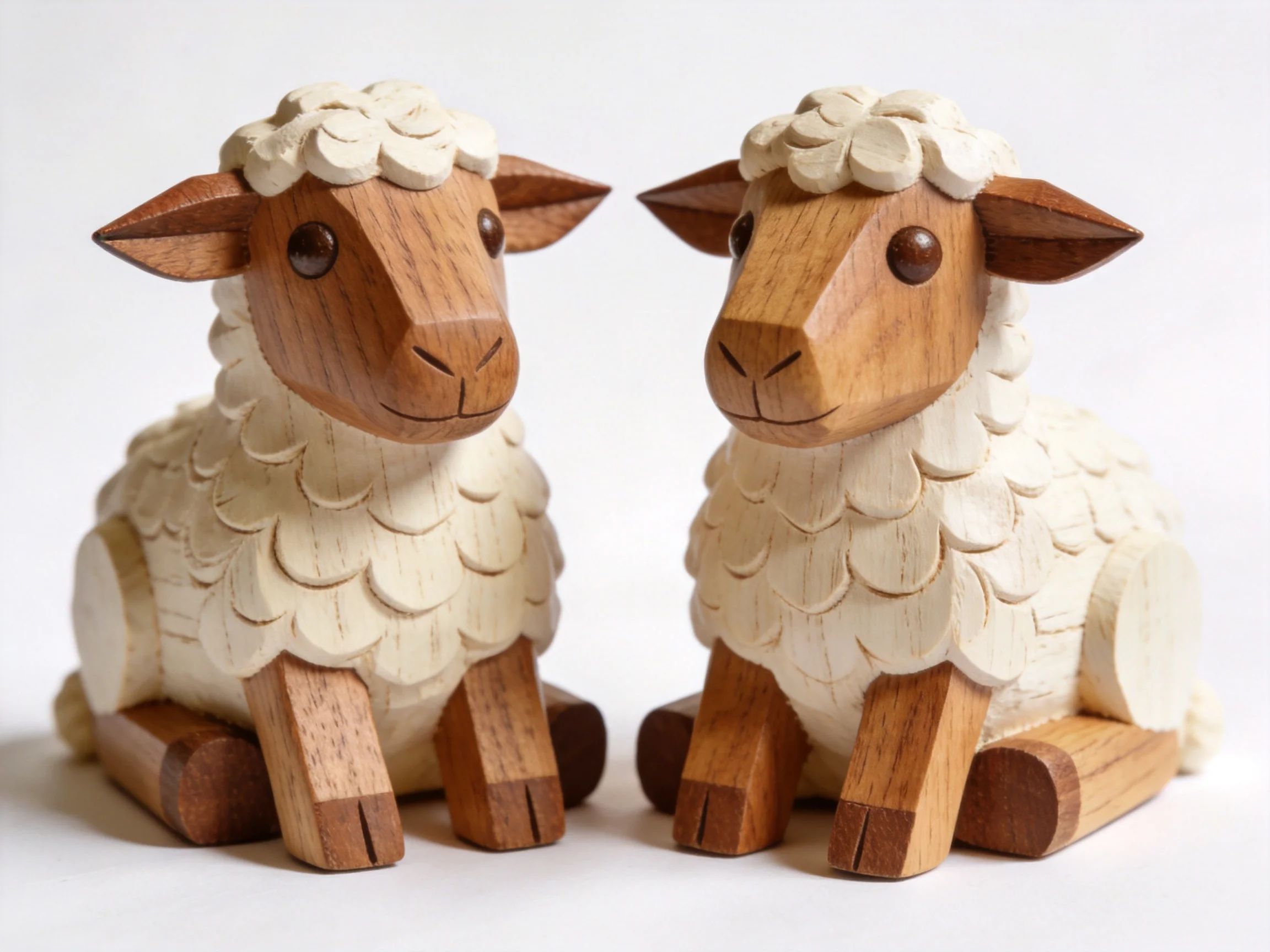 Two handcrafted wooden sheep figurines with white and brown tones