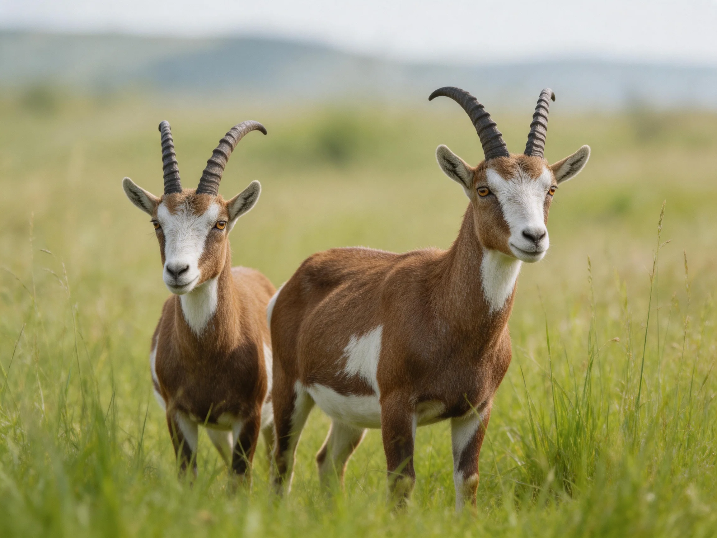 Two horned antelopes stand in lush green grassland